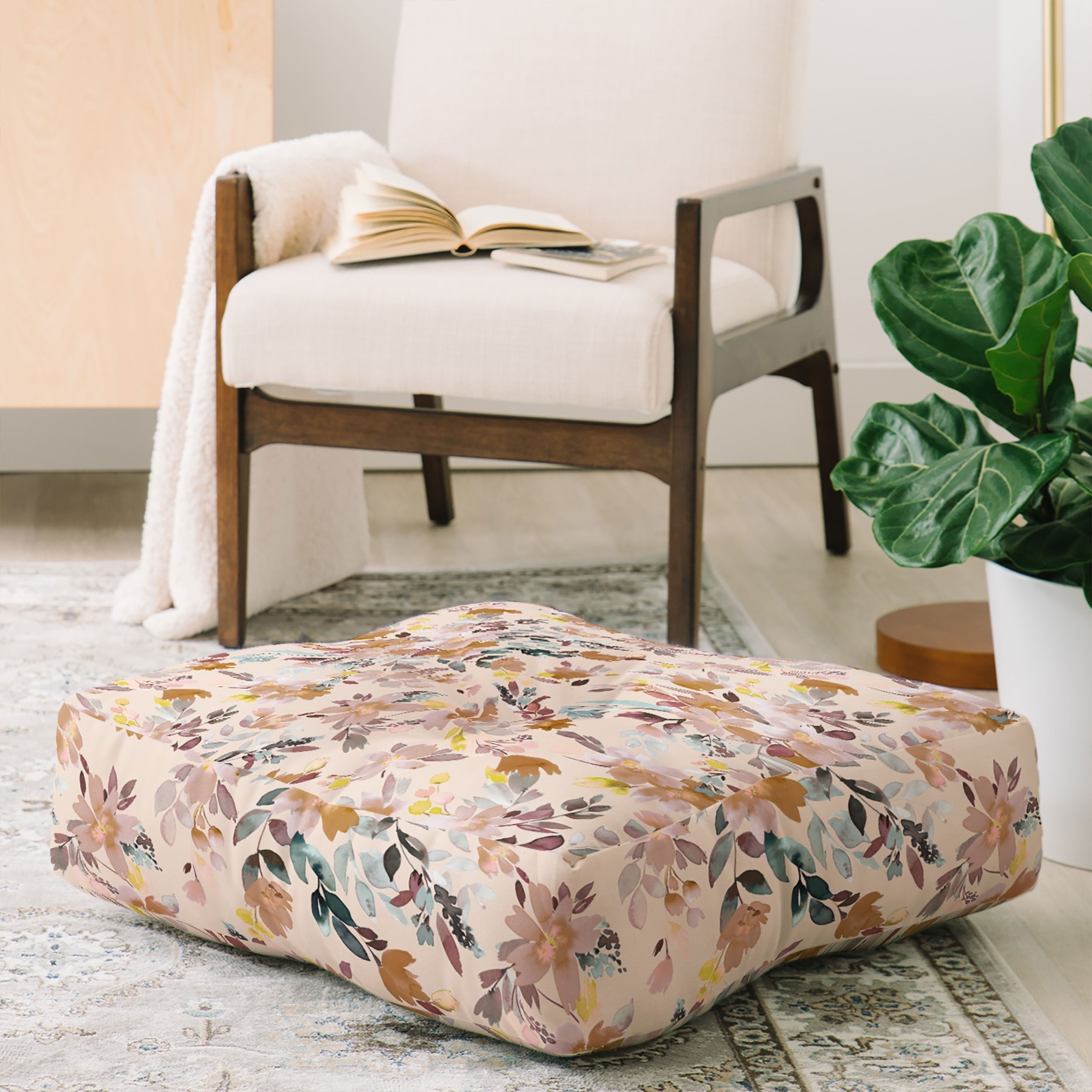 Ninola Design Botanic Retreat Floral Oleander Whimsical Soft Pink Floor Pillow Square