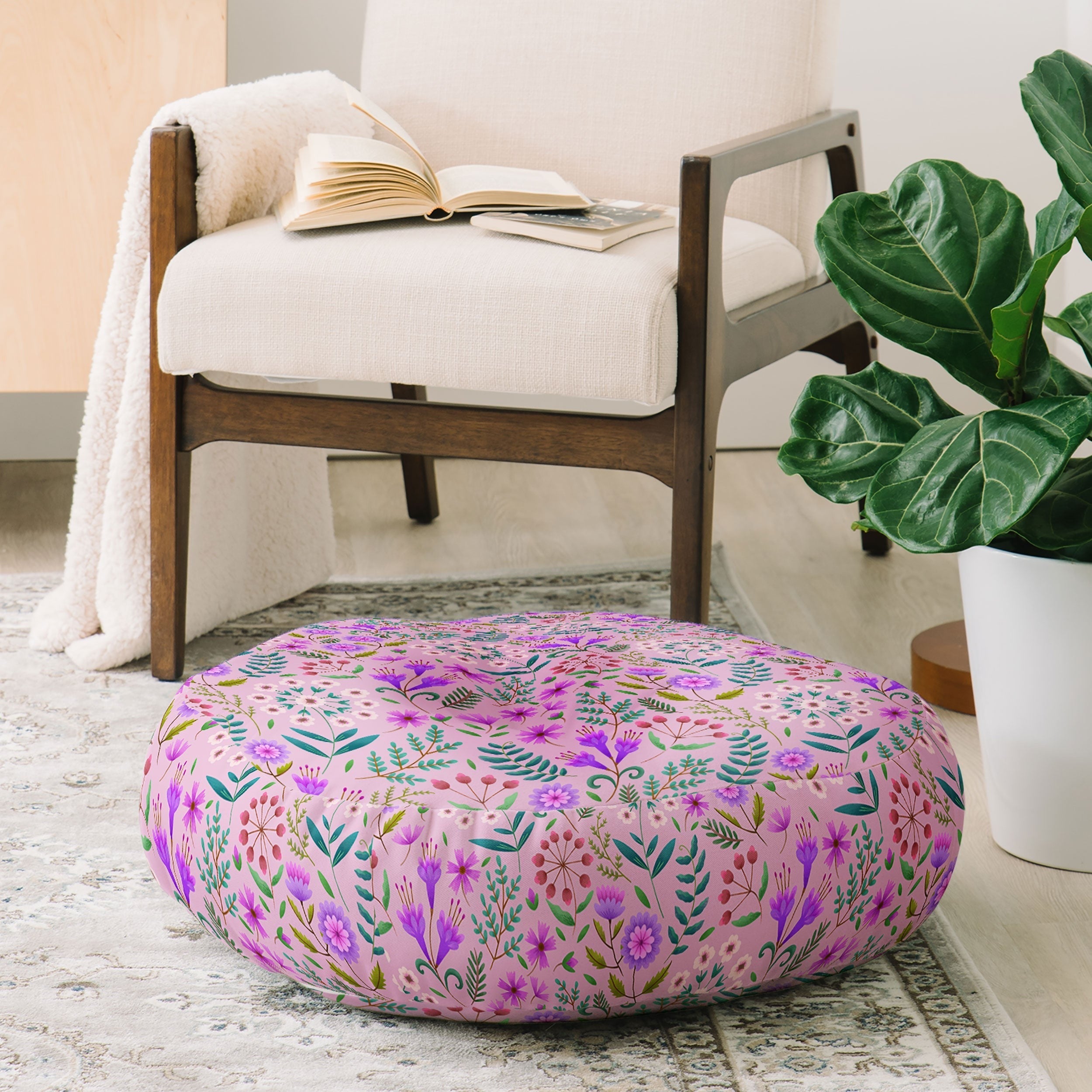 Pimlada Phuapradit Ditsy Purple Floral Half Drop Floor Pillow Round