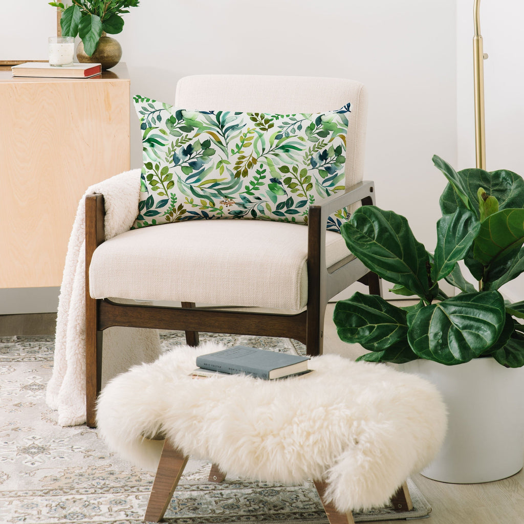 Ninola Design Botanic Retreat Loose Botanical Leaves Watercolor Green Oblong Throw Pillow