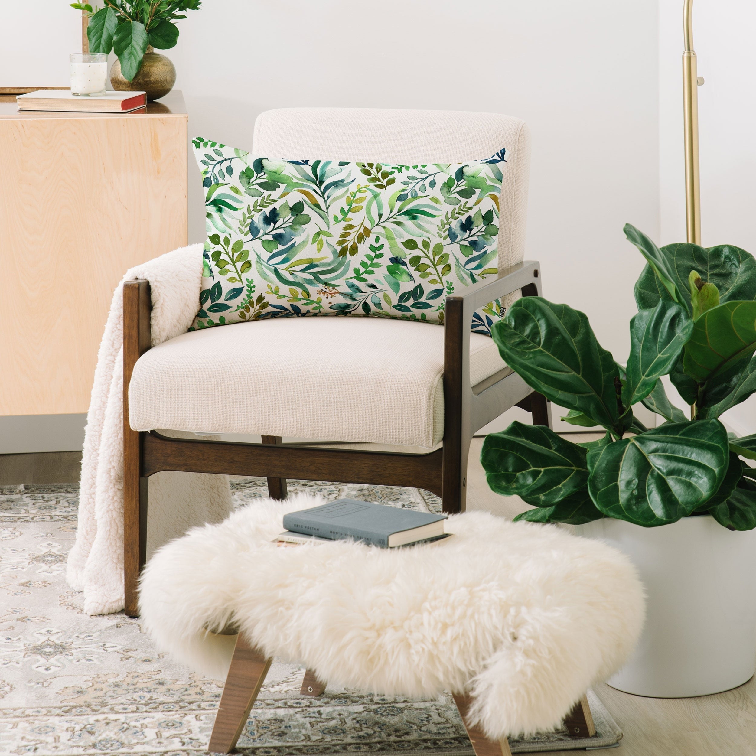 Ninola Design Botanic Retreat Loose Botanical Leaves Watercolor Green Oblong Throw Pillow