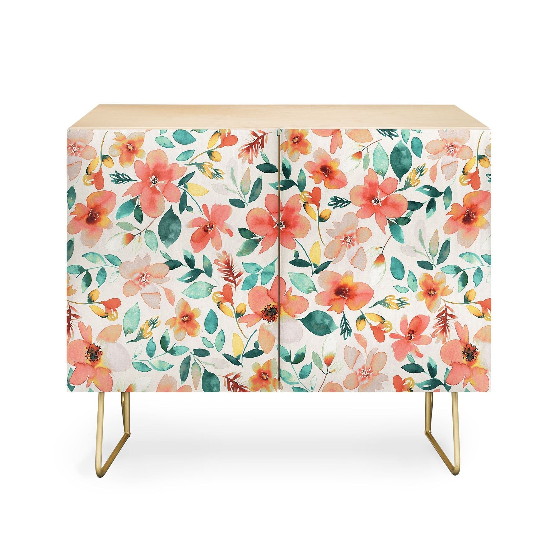 Ninola Design Botanic Retreat Tropical Whimsical Flowers Coral Green Credenza