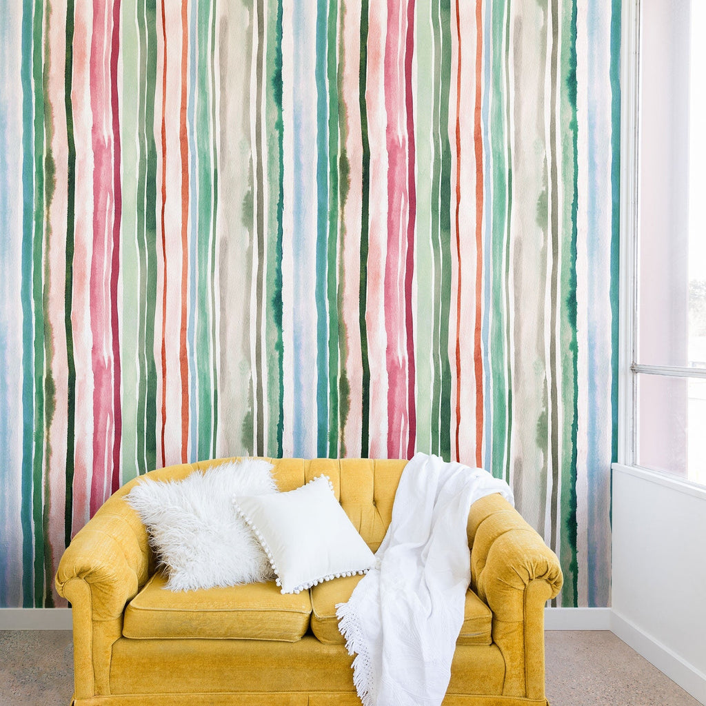 Ninola Design Botanic Retreat Watercolor Stripes Green Orange Red Wall Mural