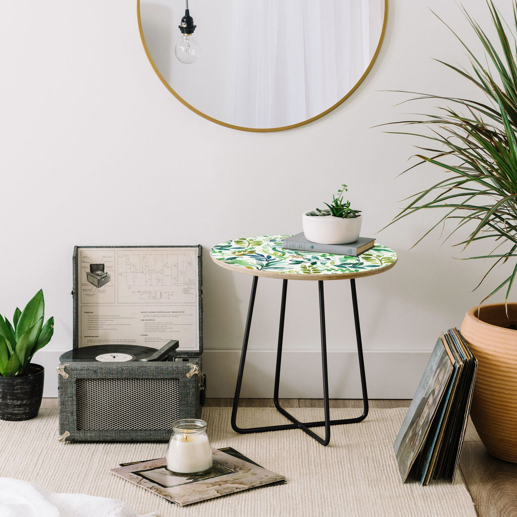 Ninola Design Botanic Retreat Loose Botanical Leaves Watercolor Green Round Side Table