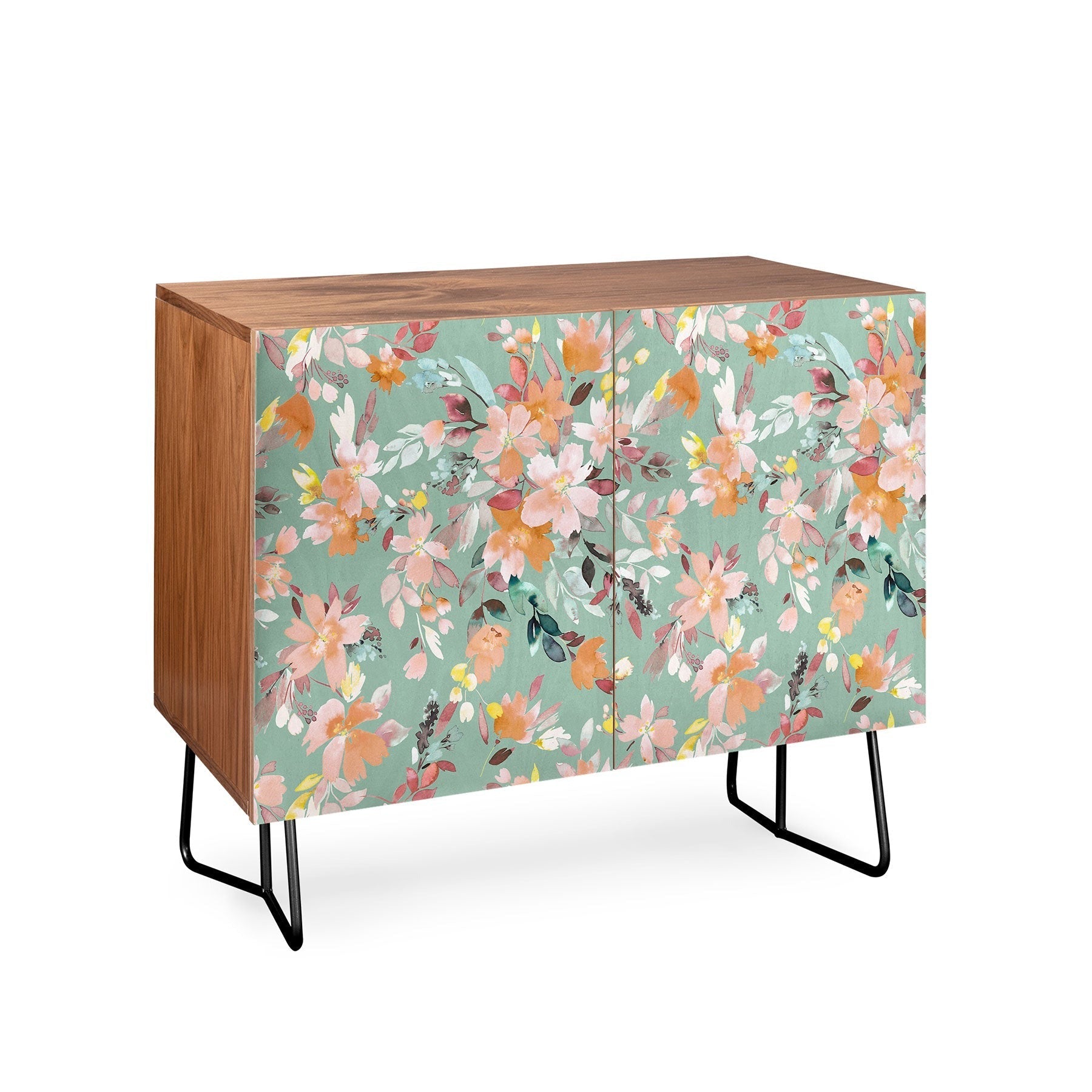 Ninola Design Botanic Retreat Floral Oleander Whimsical Teal Green Credenza