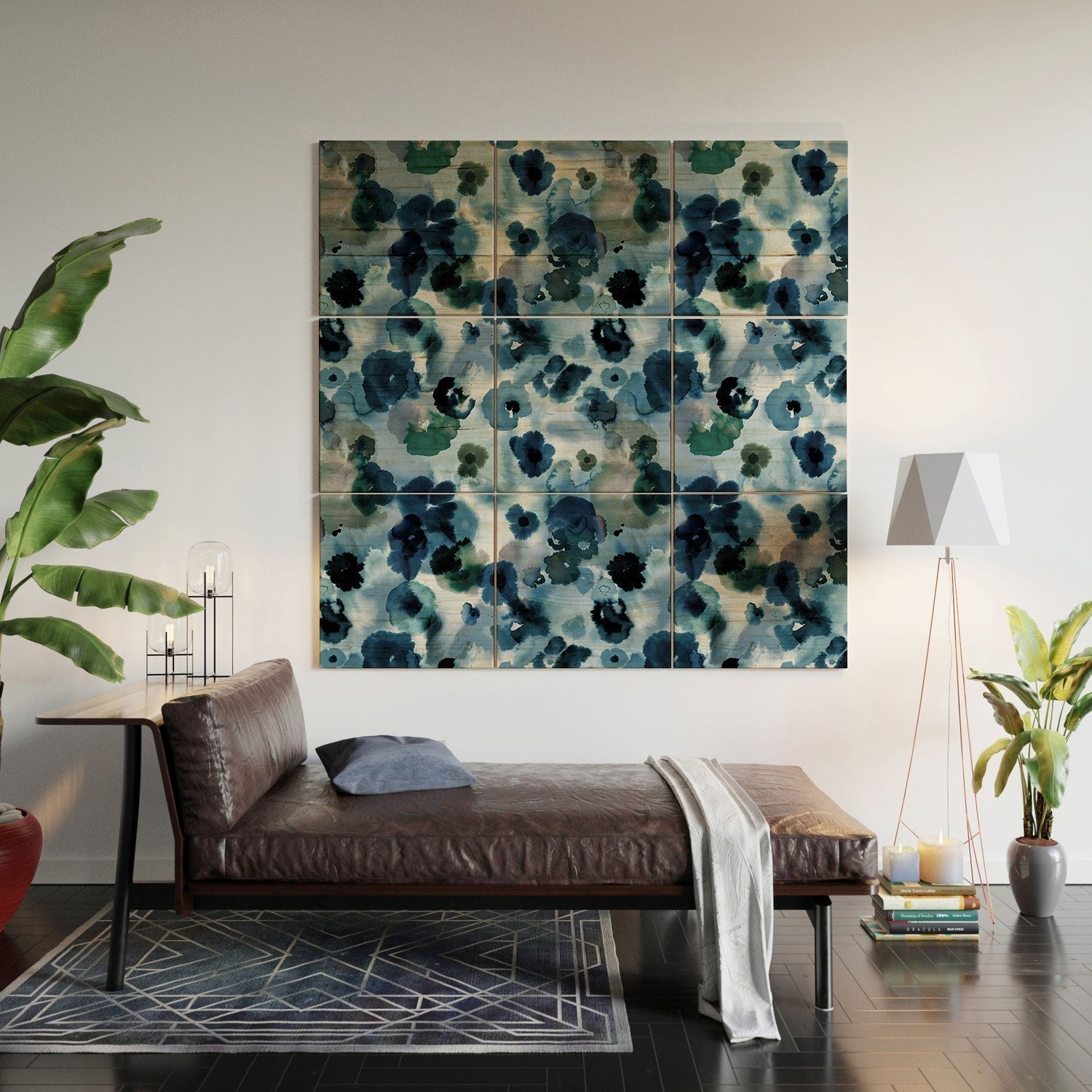 Ninola Design Botanic Retreat Ombre Abstract Watercolor Flowers Blue Navy Wood Wall Mural