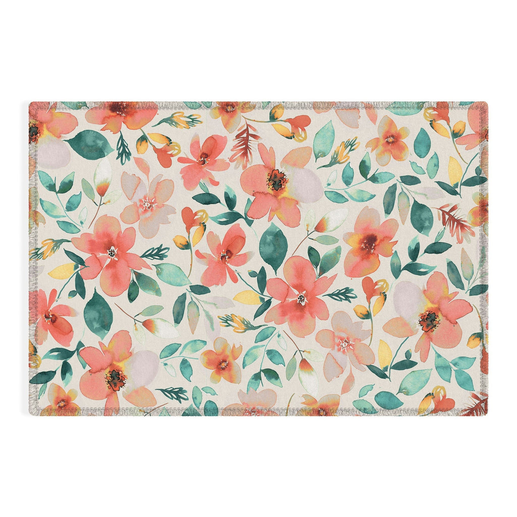 Ninola Design Botanic Retreat Tropical Whimsical Flowers Coral Green Outdoor Rug