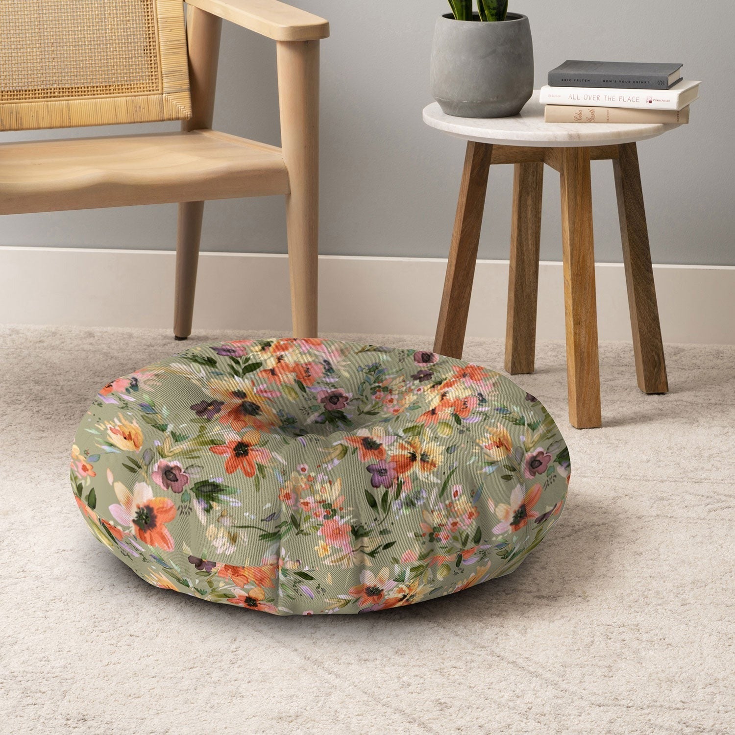 Ninola Design Botanic Retreat Painterly Tropical Flowers Sage Green Floor Pillow Round