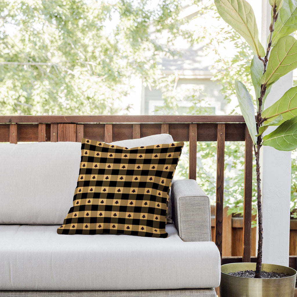 Design by Spark Black Gold Tree Tree Gingham Outdoor Throw Pillow