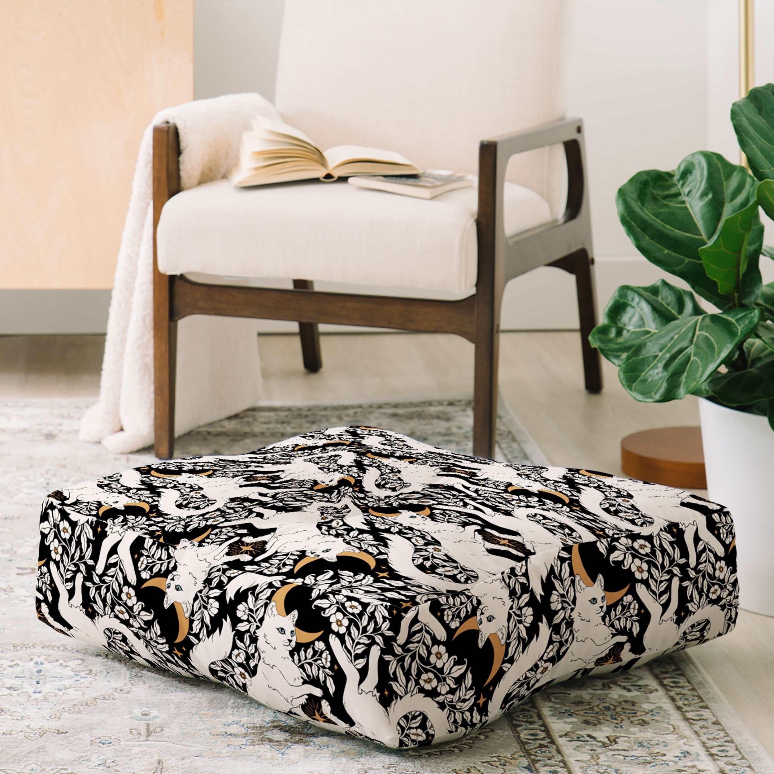 Avenie Celestial Cats Gold Floor Pillow Square