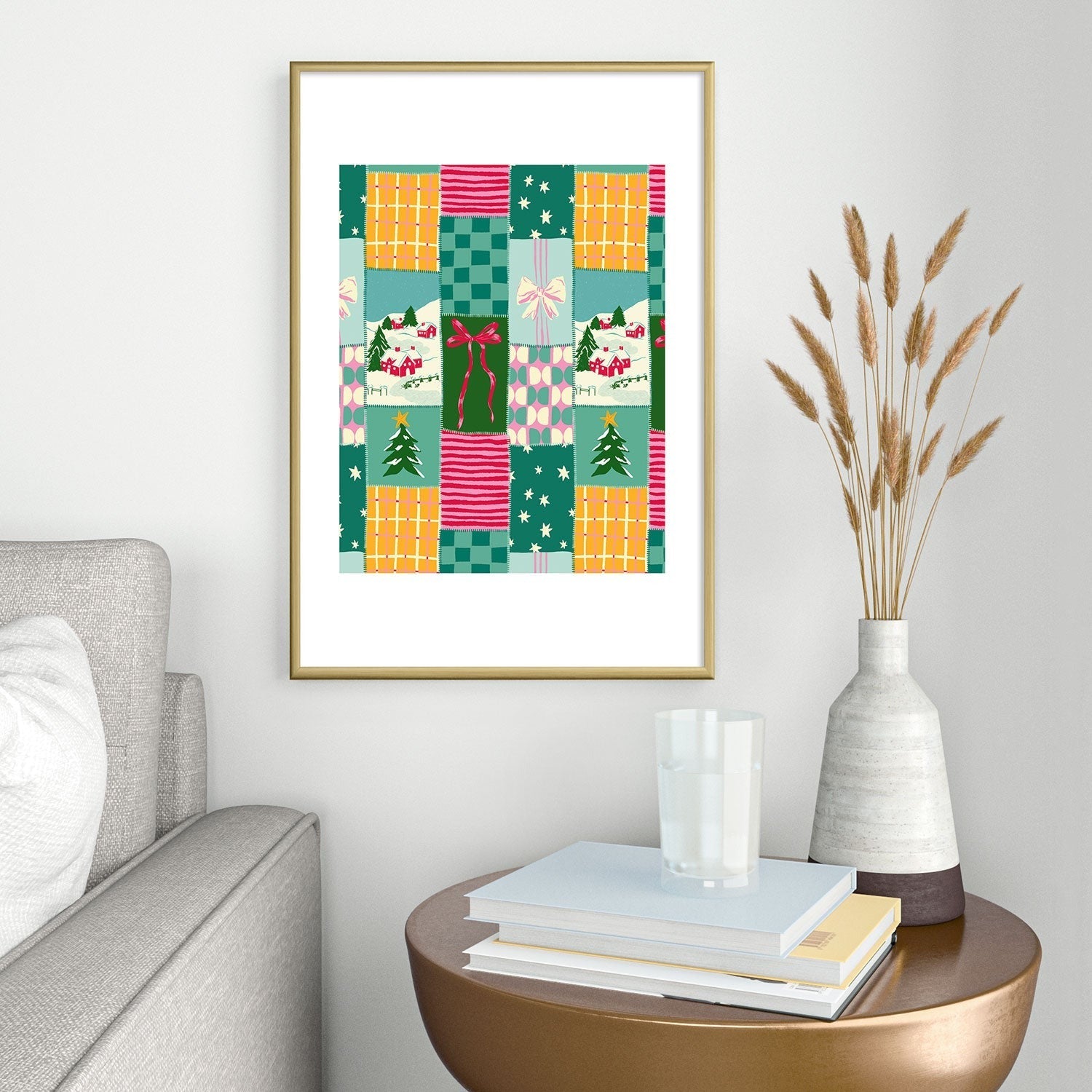 LouBruzzoni Cozy Christmas Patchwork Metal Framed Art Print