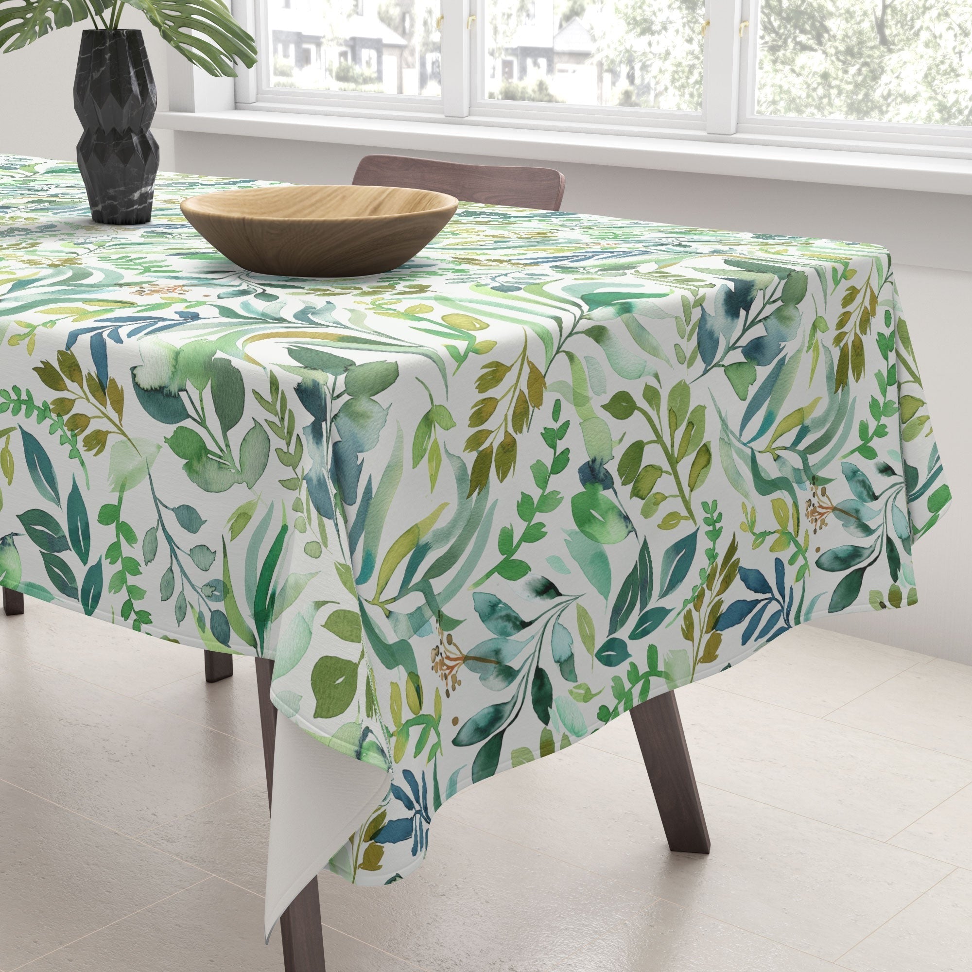 Ninola Design Botanic Retreat Loose Botanical Leaves Watercolor Green Tablecloth