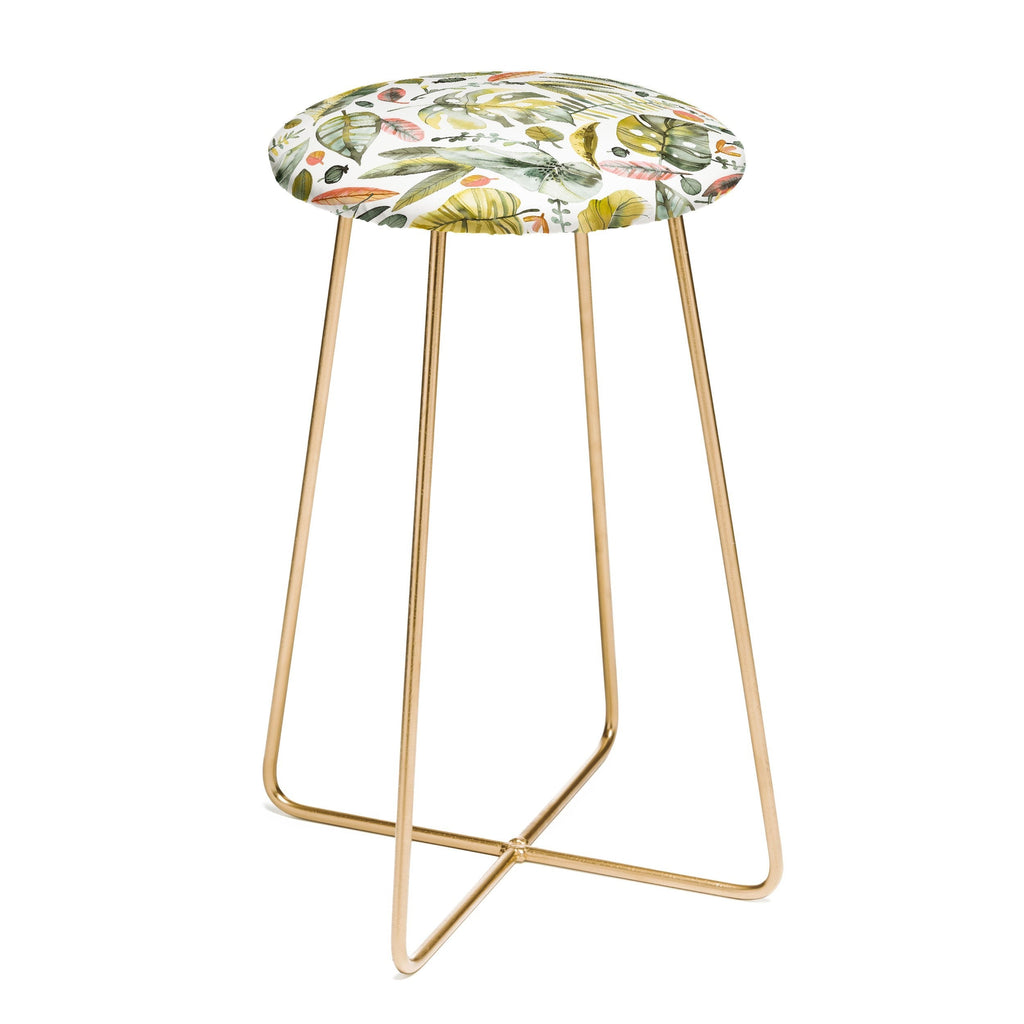 Ninola Design Botanic Retreat Tropical Jungle Leaves Botanical Green Orange Counter Stool