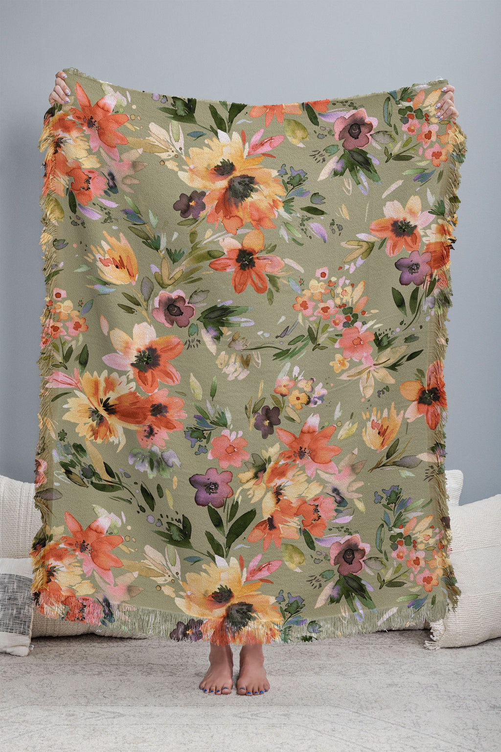 Ninola Design Botanic Retreat Painterly Tropical Flowers Sage Green Throw Blanket