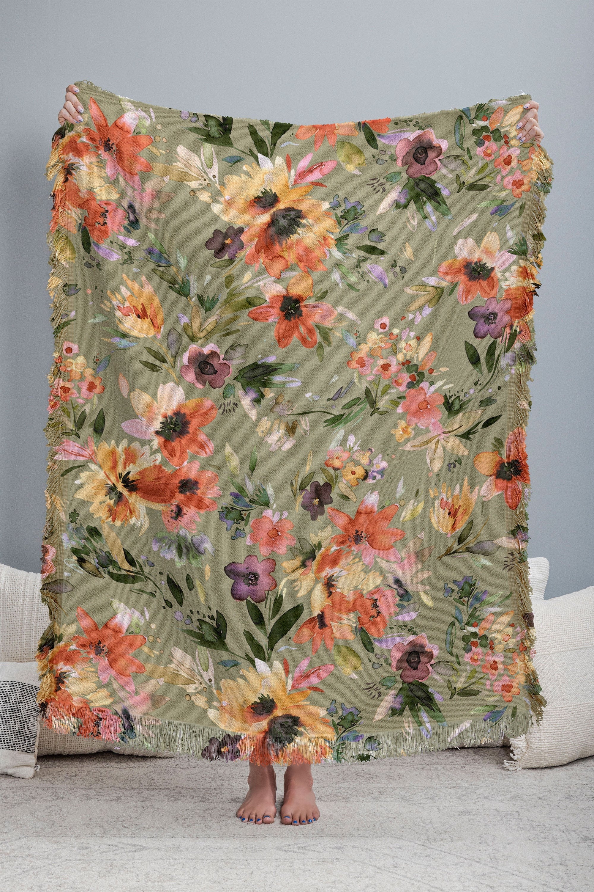 Ninola Design Botanic Retreat Painterly Tropical Flowers Sage Green Throw Blanket