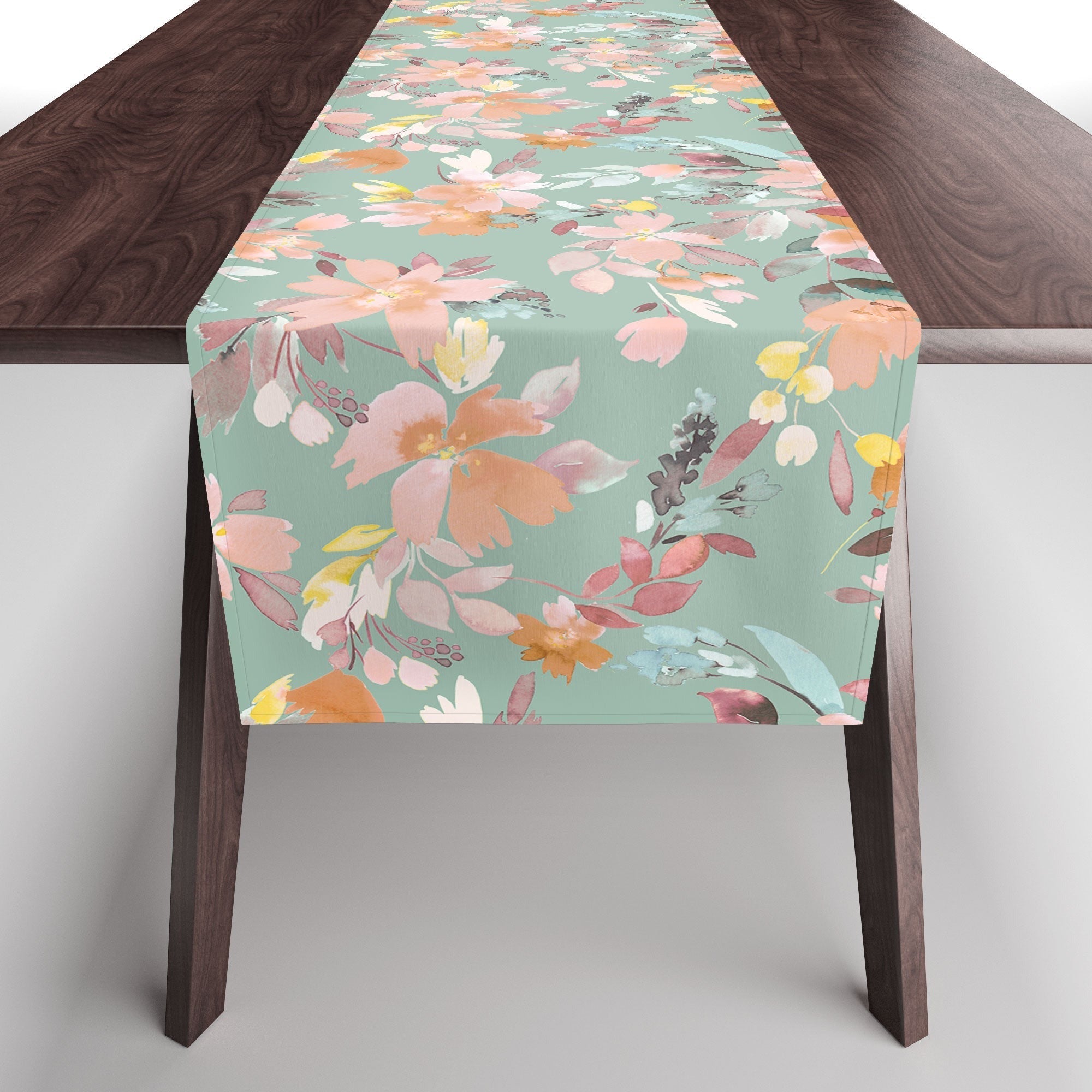 Ninola Design Botanic Retreat Floral Oleander Whimsical Teal Green Table Runner