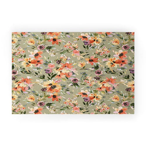 Ninola Design Botanic Retreat Painterly Tropical Flowers Sage Green Welcome Mat