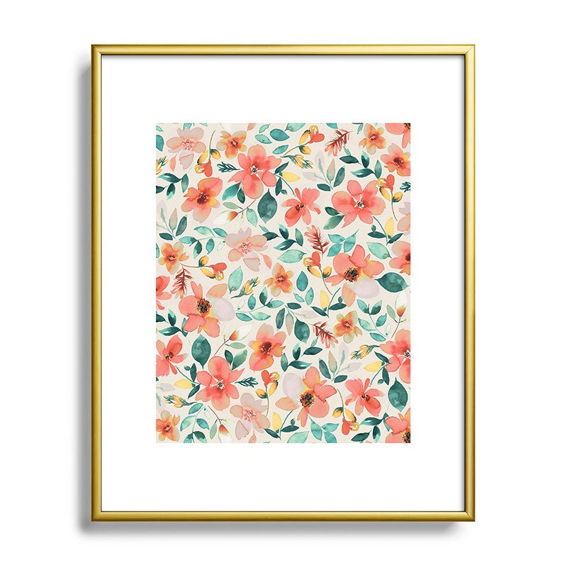 Ninola Design Botanic Retreat Tropical Whimsical Flowers Coral Green Metal Framed Art Print