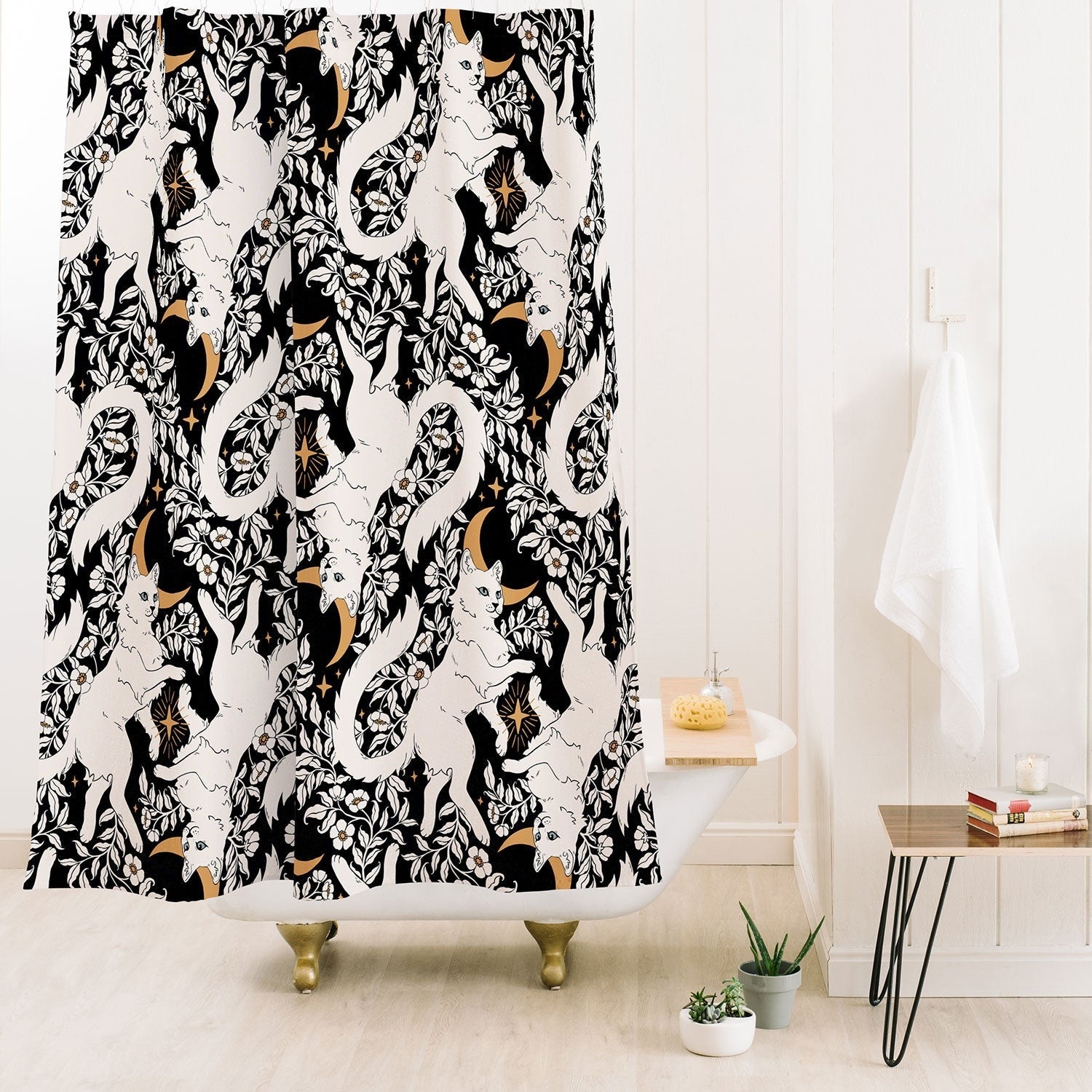 Avenie Celestial Cats Gold Shower Curtain