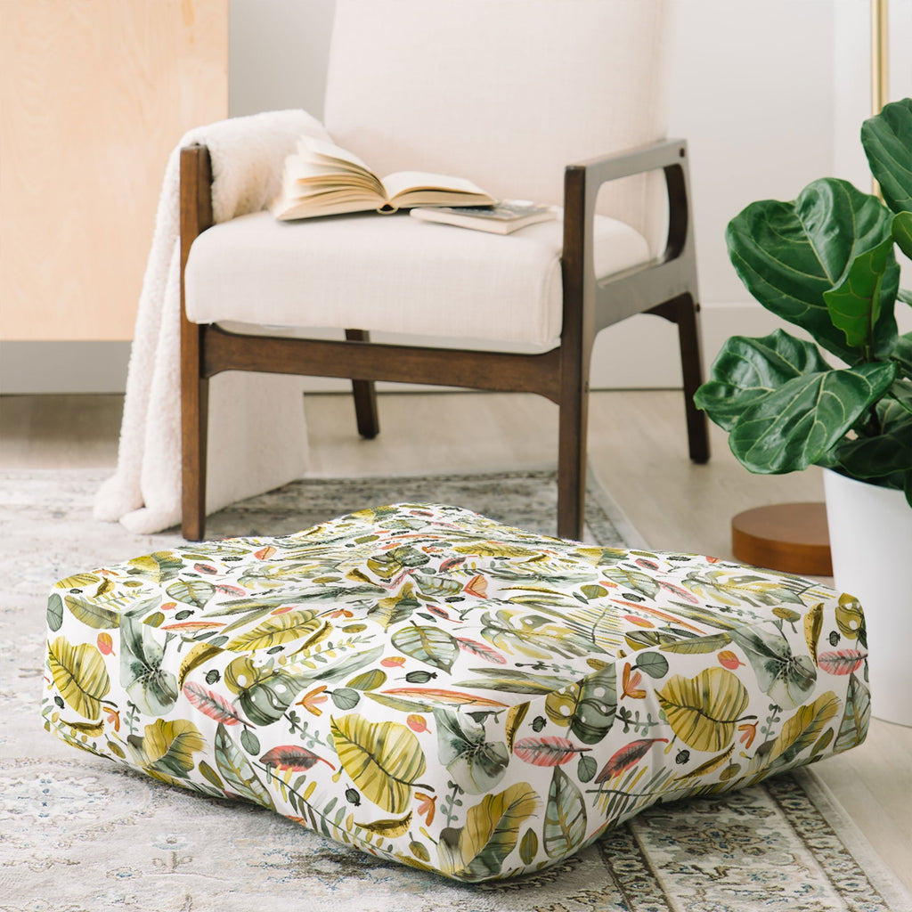 Ninola Design Botanic Retreat Tropical Jungle Leaves Botanical Green Orange Floor Pillow Square