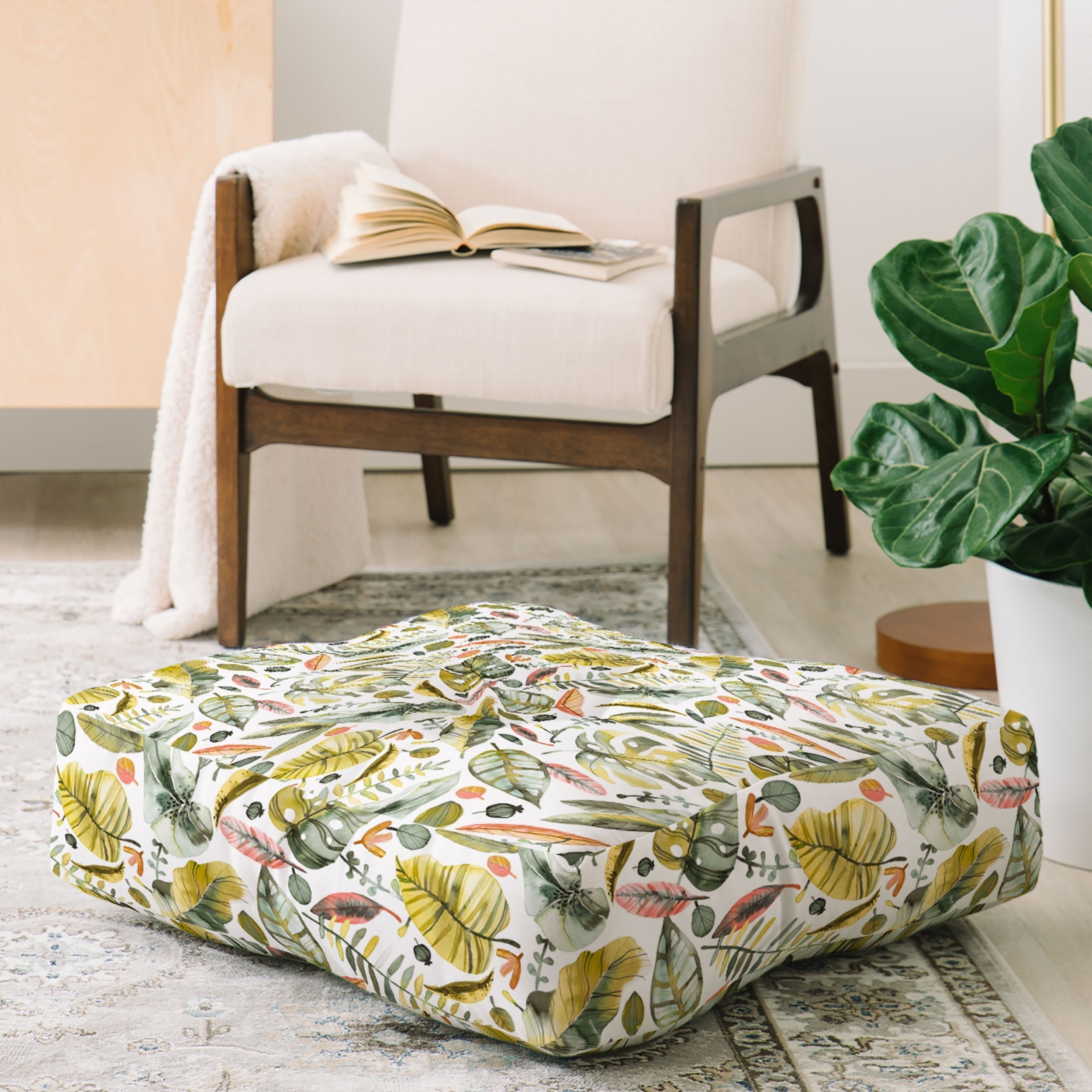 Ninola Design Botanic Retreat Tropical Jungle Leaves Botanical Green Orange Floor Pillow Square