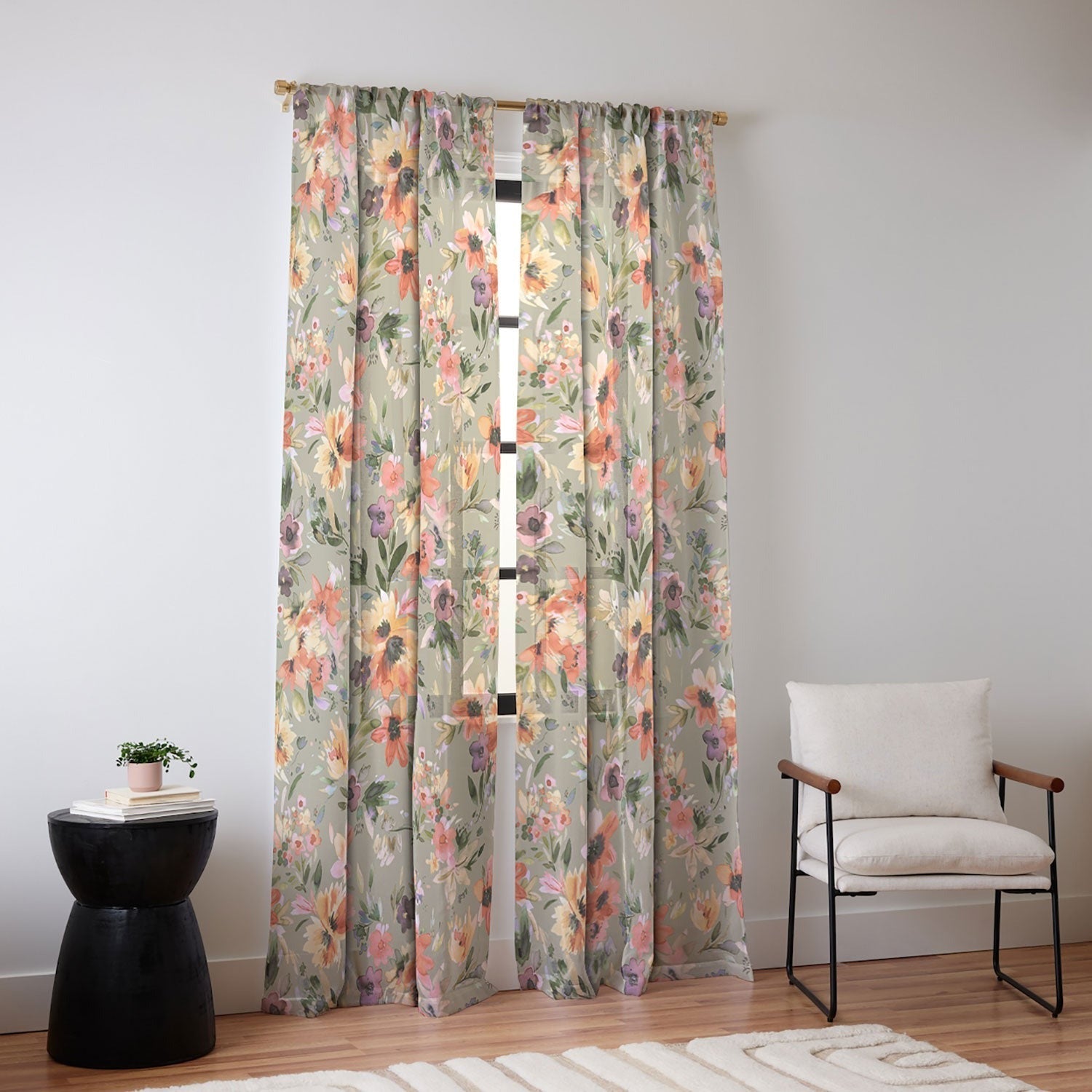 Ninola Design Botanic Retreat Painterly Tropical Flowers Sage Green Sheer Non Repeat