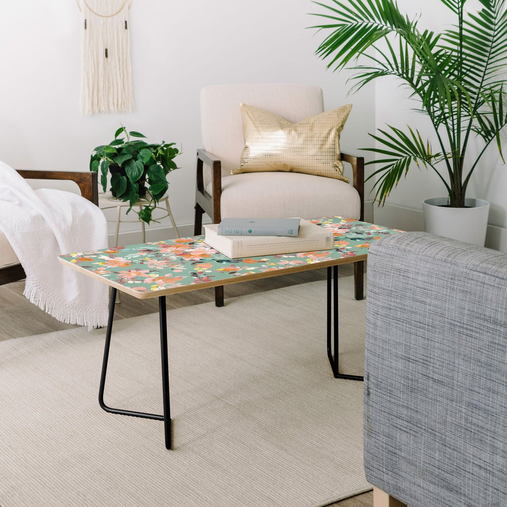 Ninola Design Botanic Retreat Floral Oleander Whimsical Teal Green Coffee Table