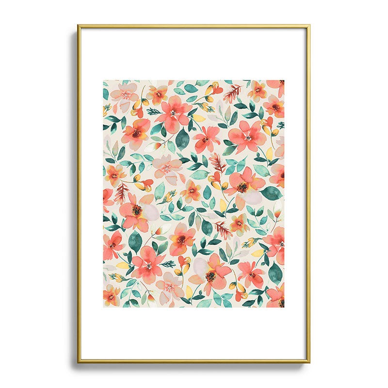 Ninola Design Botanic Retreat Tropical Whimsical Flowers Coral Green Metal Framed Art Print