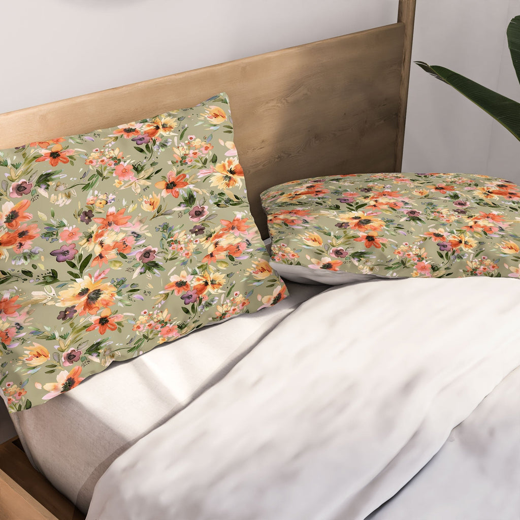 Ninola Design Botanic Retreat Painterly Tropical Flowers Sage Green Pillow Shams