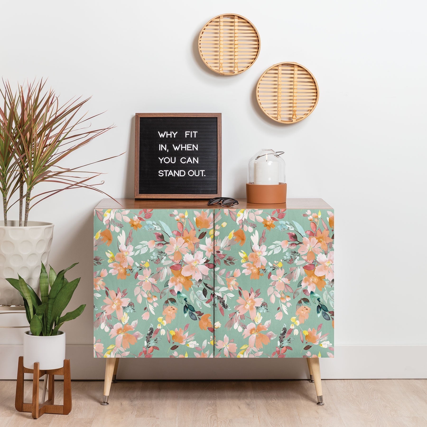 Ninola Design Botanic Retreat Floral Oleander Whimsical Teal Green Credenza