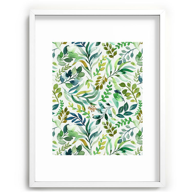 Ninola Design Botanic Retreat Loose Botanical Leaves Watercolor Green Recessed Framing Rectangle