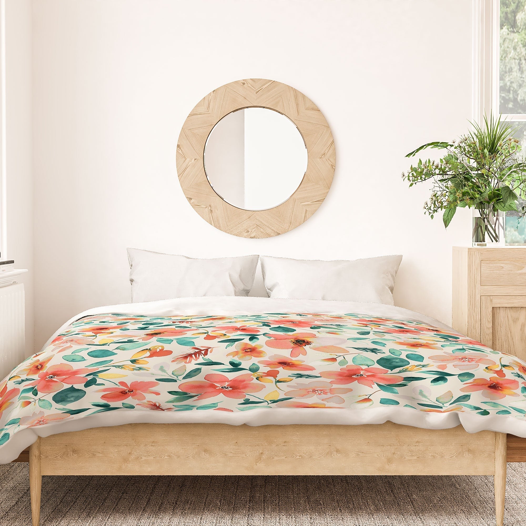 Ninola Design Botanic Retreat Tropical Whimsical Flowers Coral Green Duvet Cover