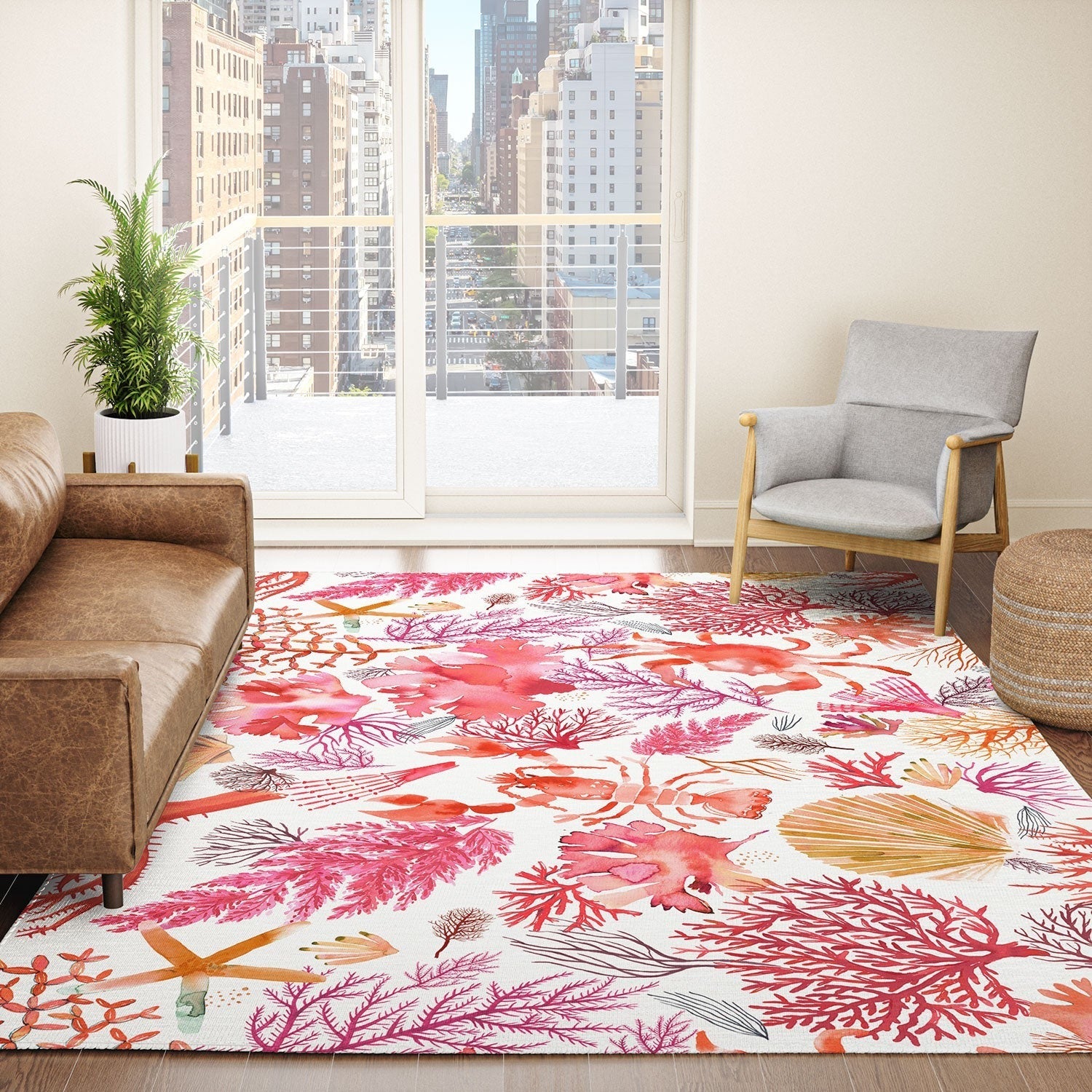 Ninola Design Botanic Retreat Coral Reef Crab Lobster Red Area Rug