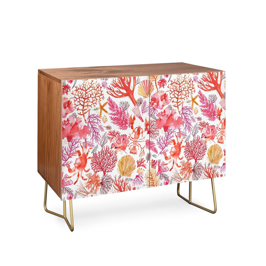 Ninola Design Botanic Retreat Coral Reef Crab Lobster Red Credenza