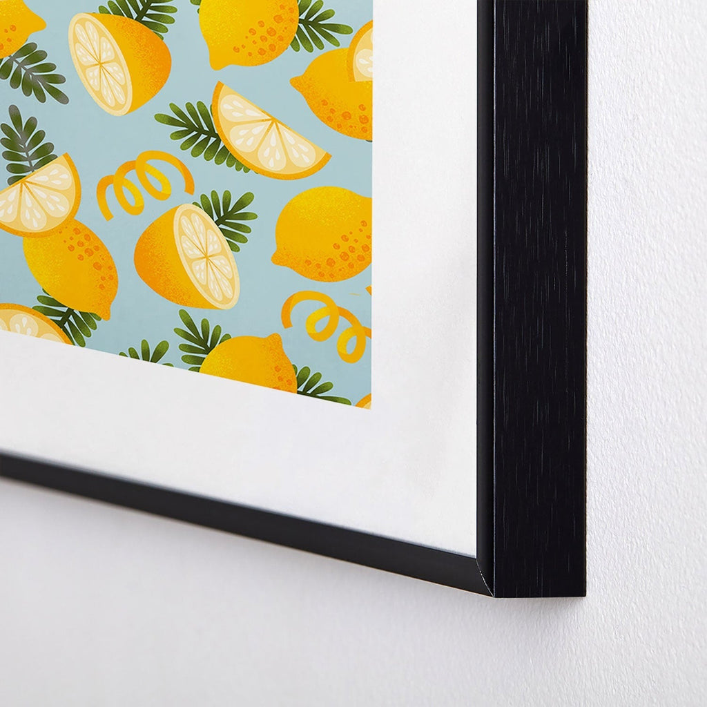 Jessica Molina Lemon Pattern on Sky Blue Metal Framed Art Print