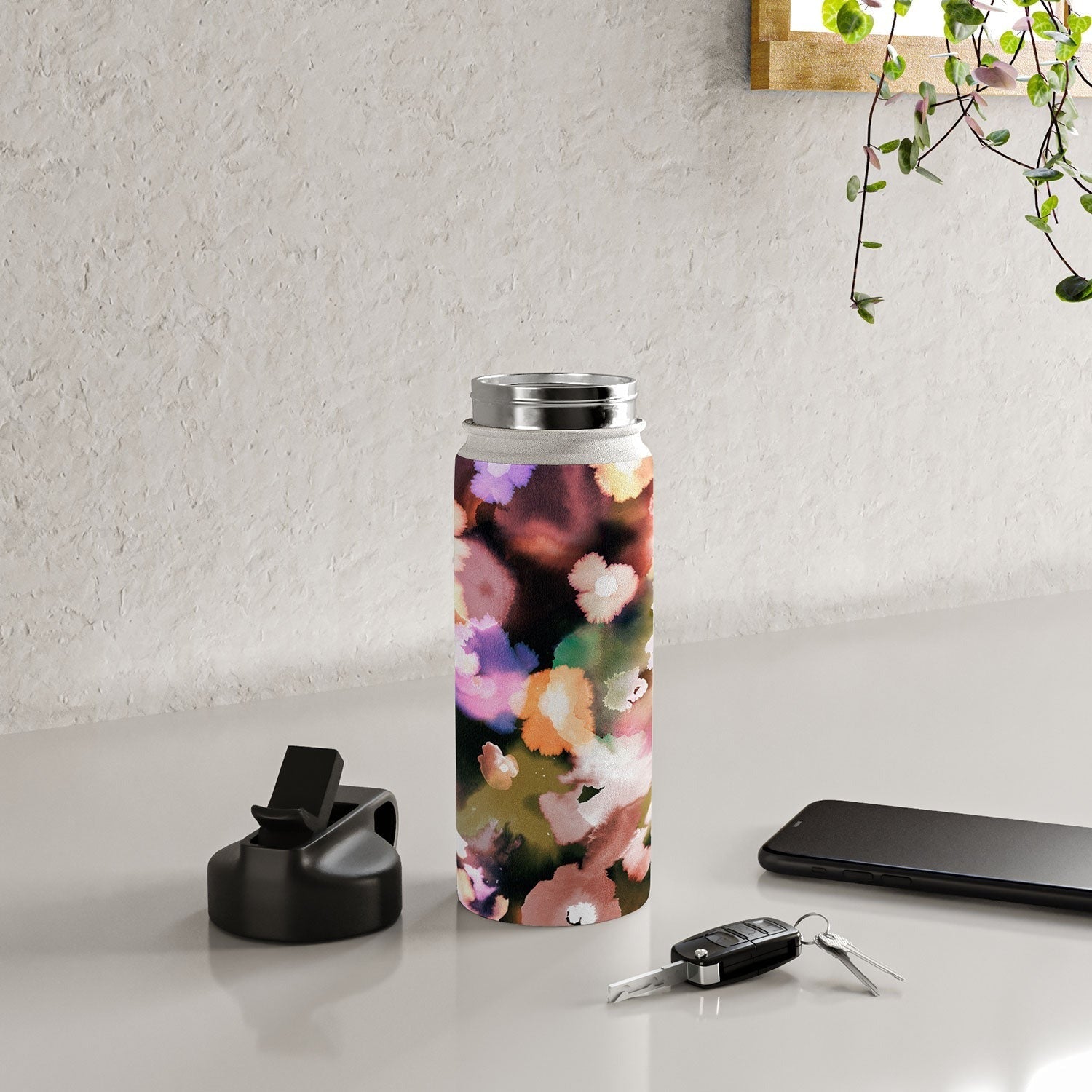 Ninola Design Botanic Retreat Ombre Abstract Watercolor Flowers Pink gold Water Bottle