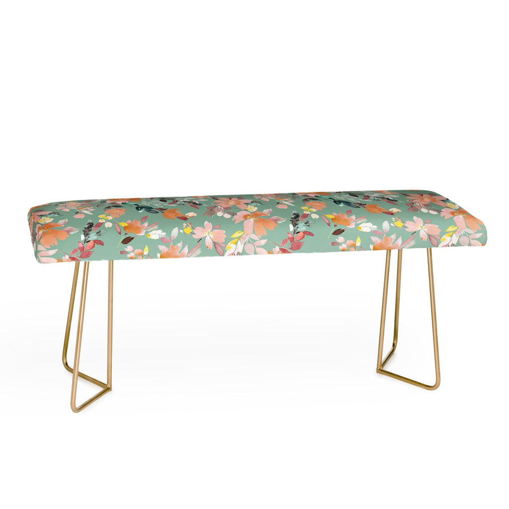 Ninola Design Botanic Retreat Floral Oleander Whimsical Teal Green Bench
