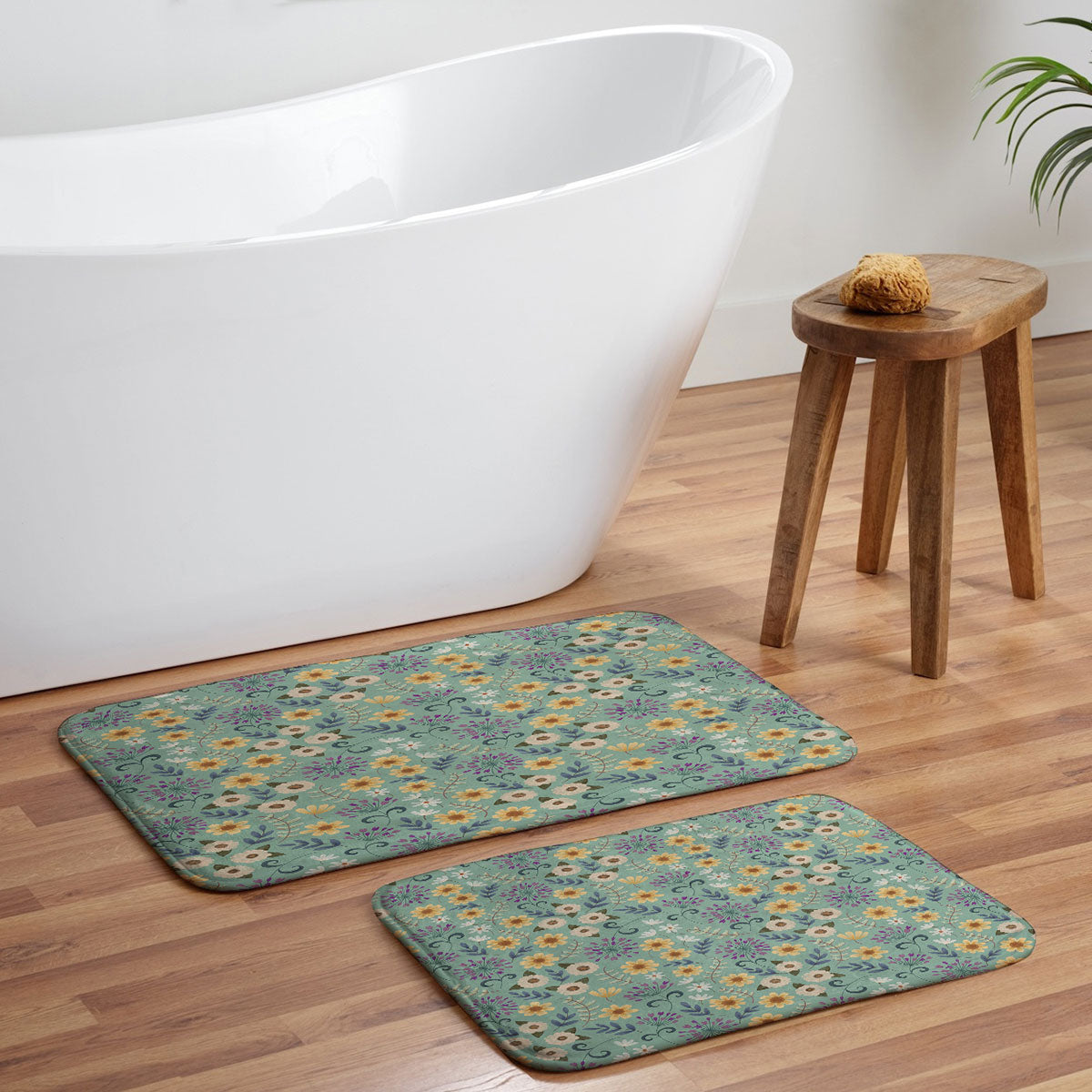 Pimlada Phuapradit Ditsy Floral Blue Green Memory Foam Bath Mat