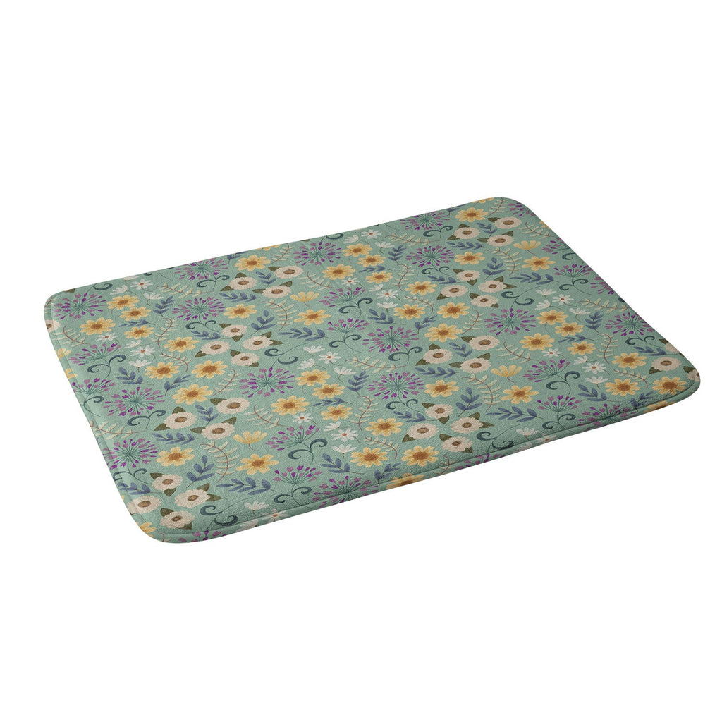 Pimlada Phuapradit Ditsy Floral Blue Green Memory Foam Bath Mat