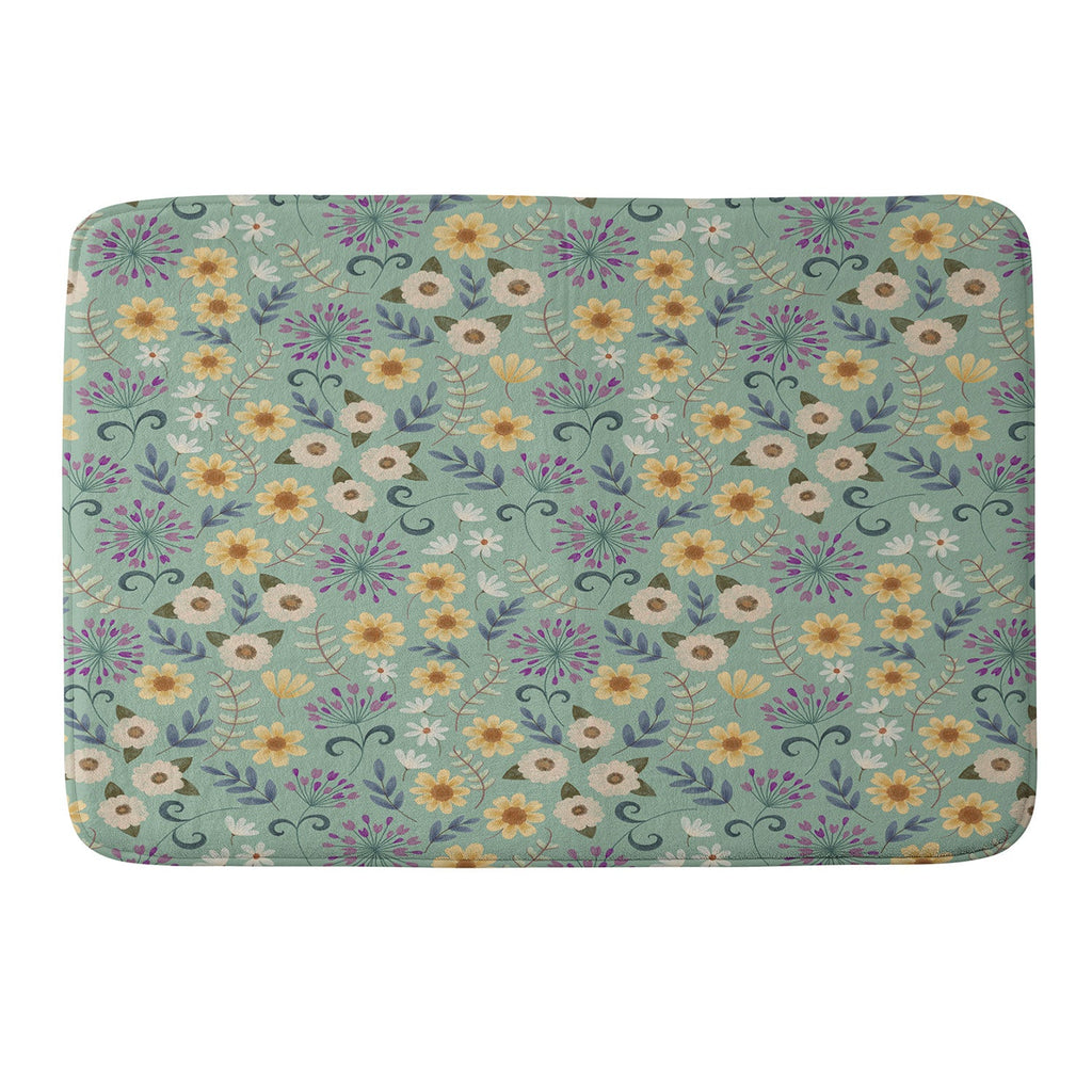 Pimlada Phuapradit Ditsy Floral Blue Green Memory Foam Bath Mat