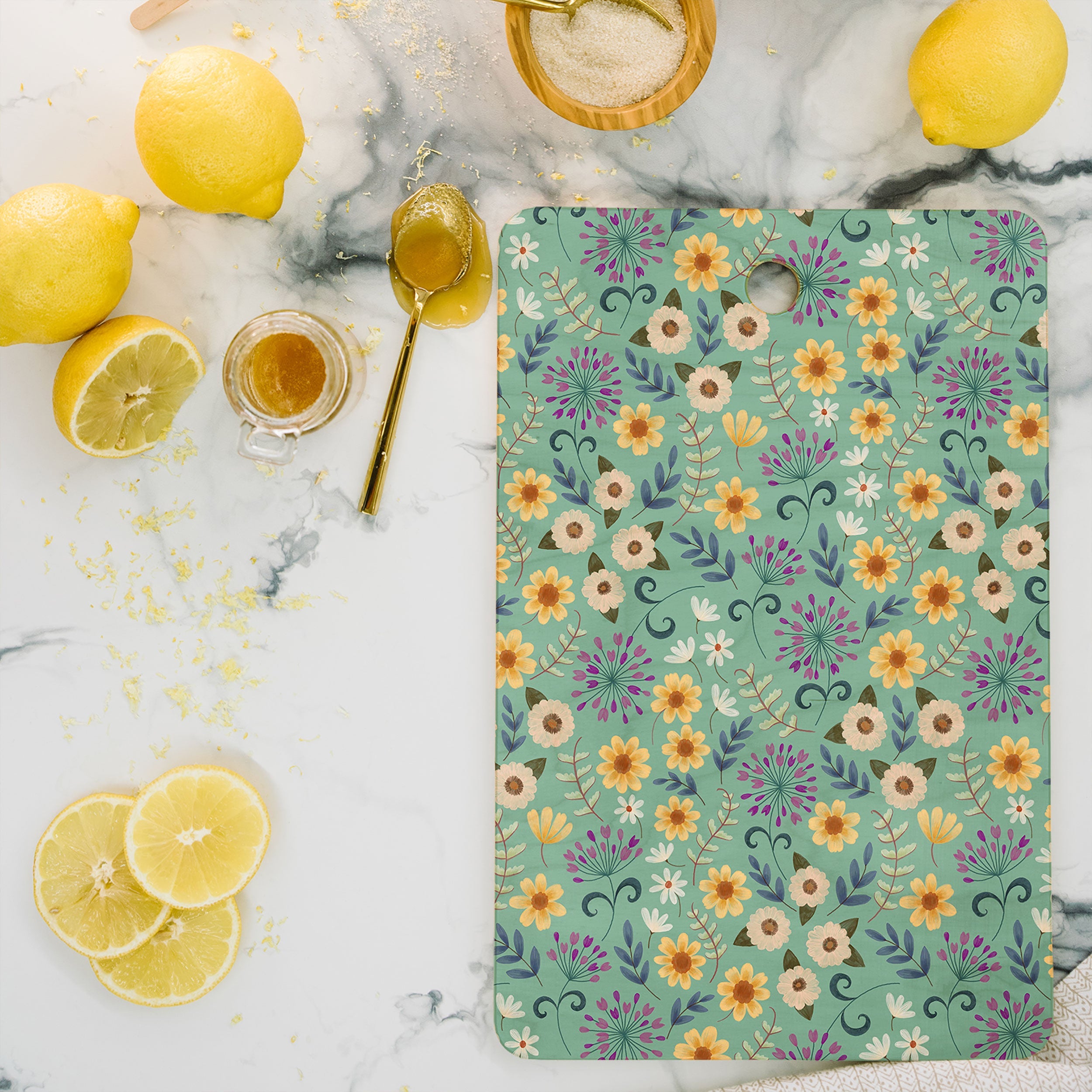 Pimlada Phuapradit Ditsy Floral Blue Green Cutting Board Rectangle