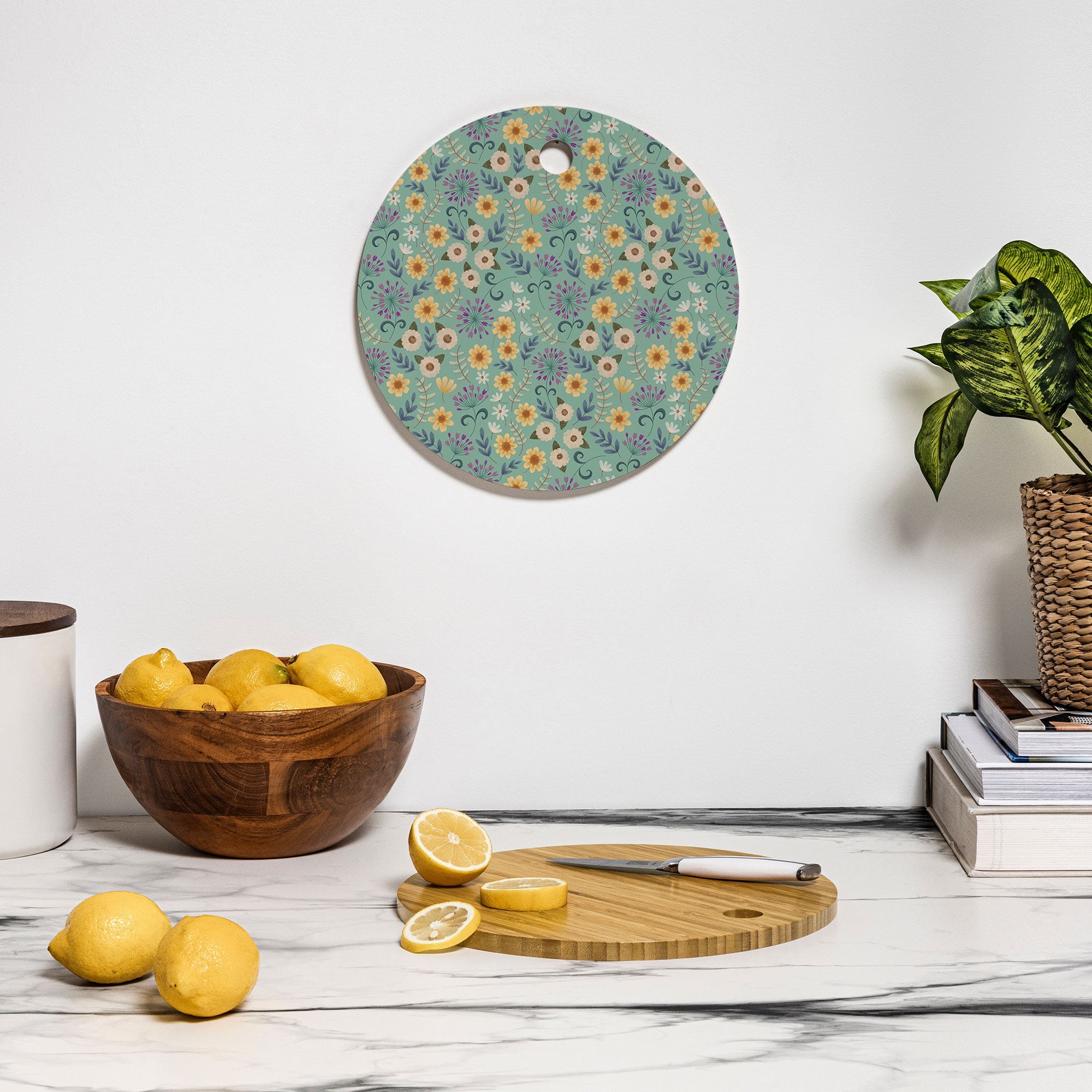 Pimlada Phuapradit Ditsy Floral Blue Green Cutting Board Round
