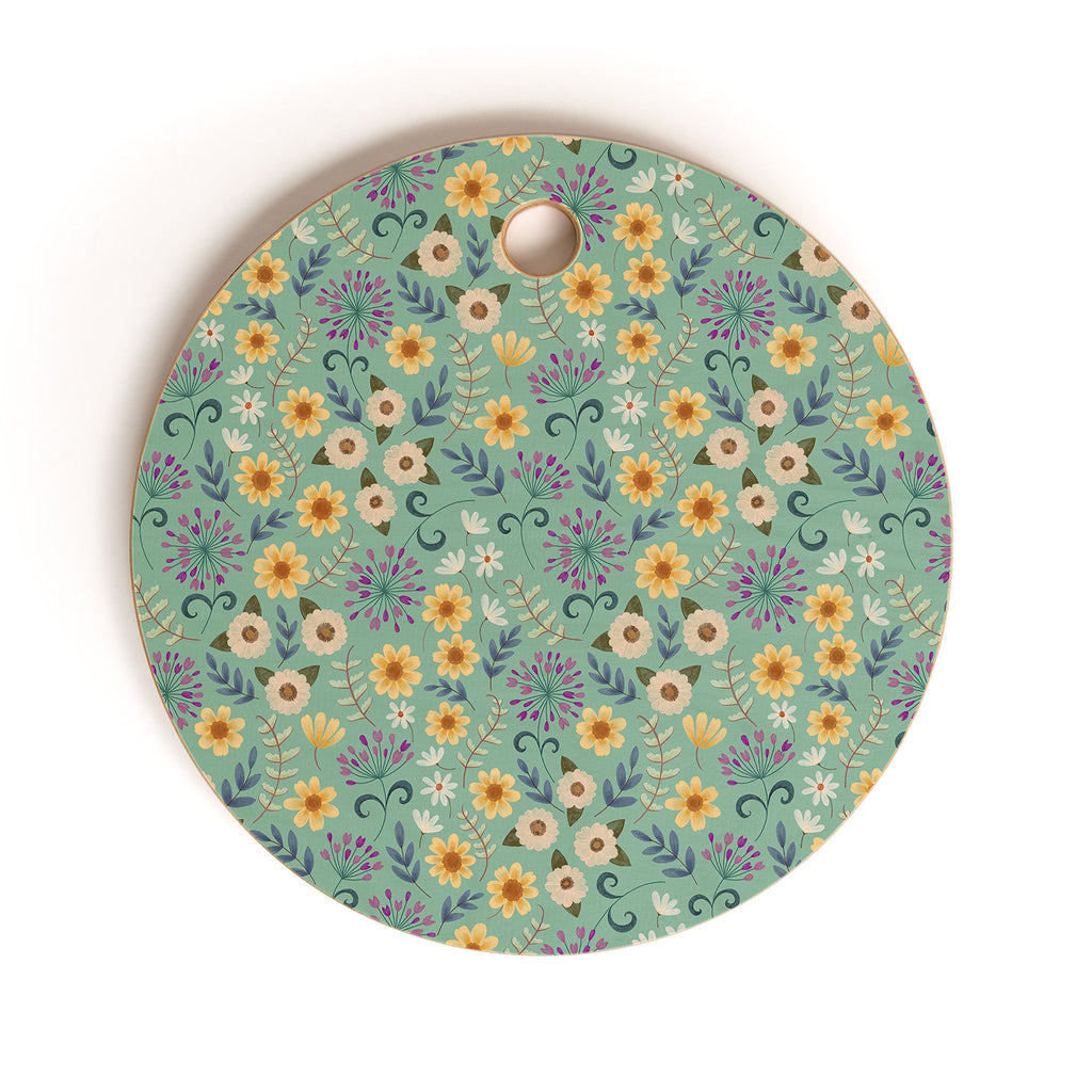 Pimlada Phuapradit Ditsy Floral Blue Green Cutting Board Round