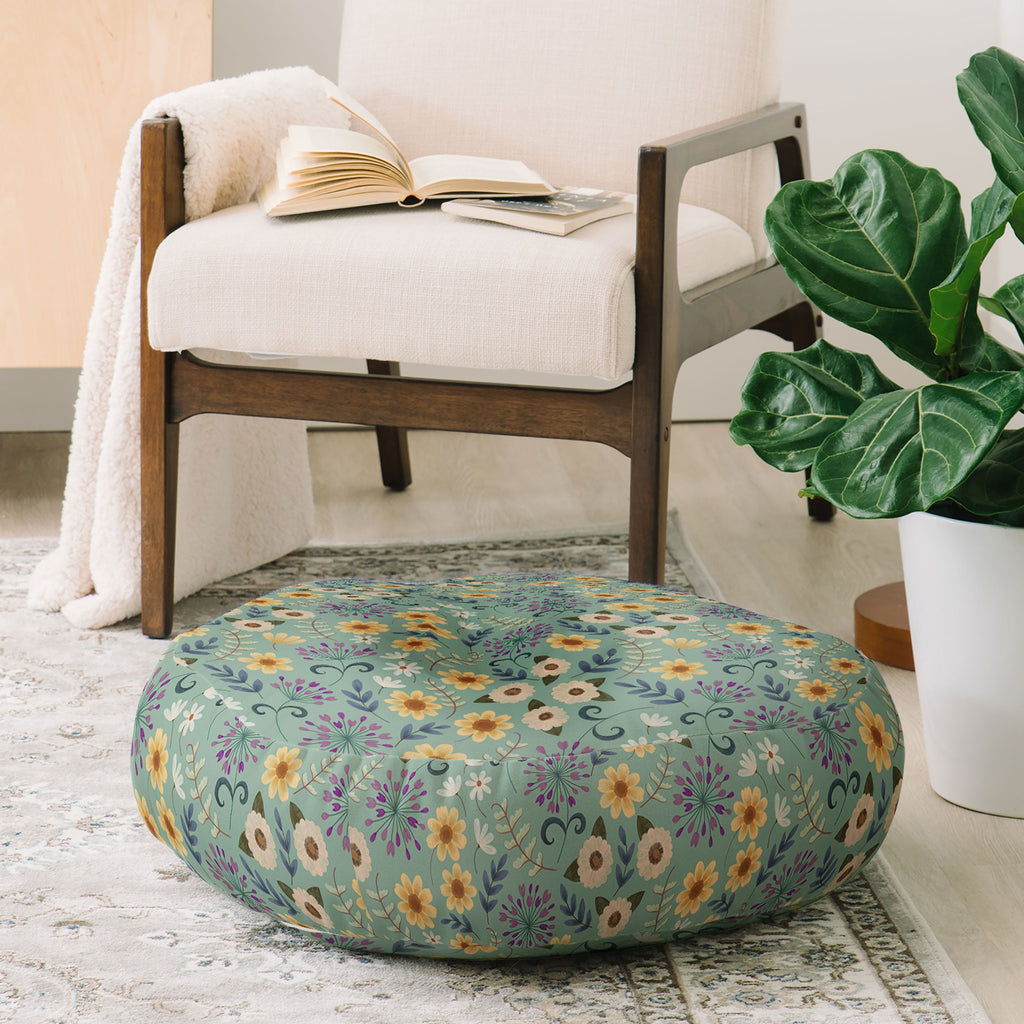 Pimlada Phuapradit Ditsy Floral Blue Green Floor Pillow Round