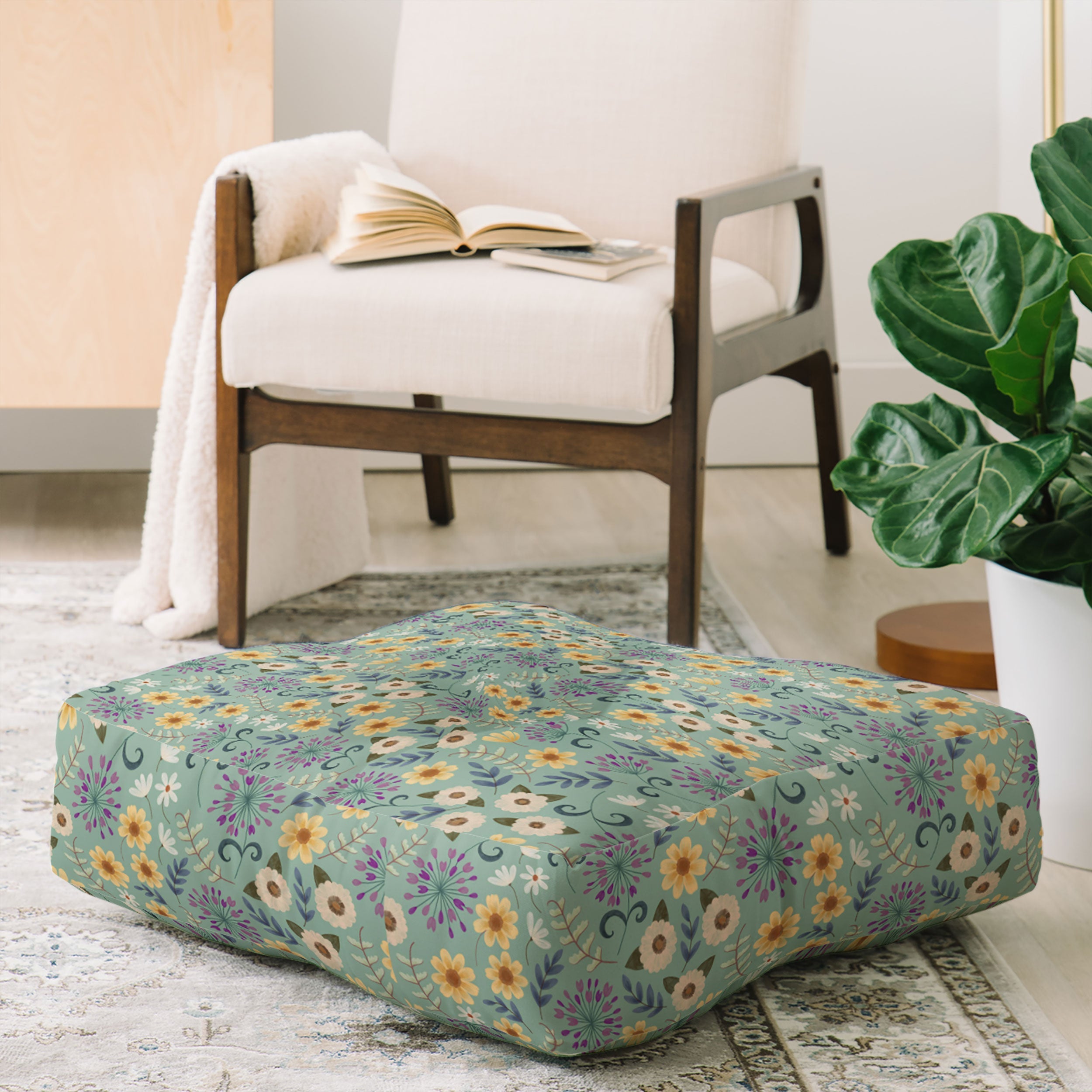 Pimlada Phuapradit Ditsy Floral Blue Green Floor Pillow Square