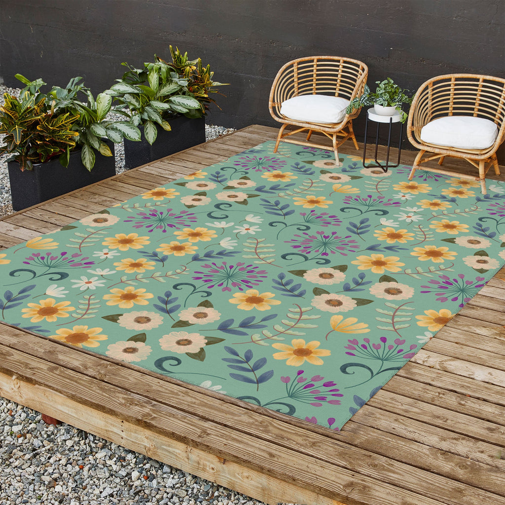 Pimlada Phuapradit Ditsy Floral Blue Green Outdoor Rug