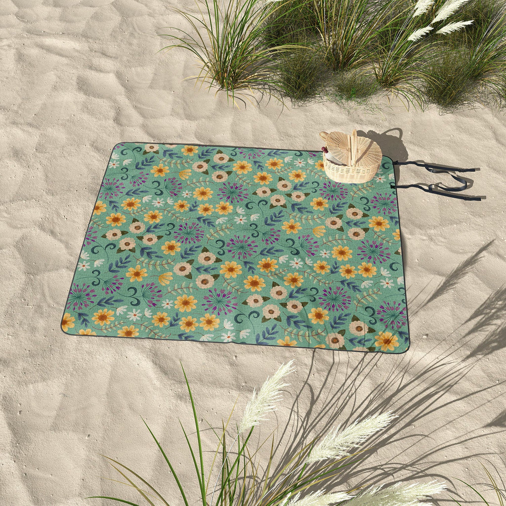 Pimlada Phuapradit Ditsy Floral Blue Green Picnic Blanket