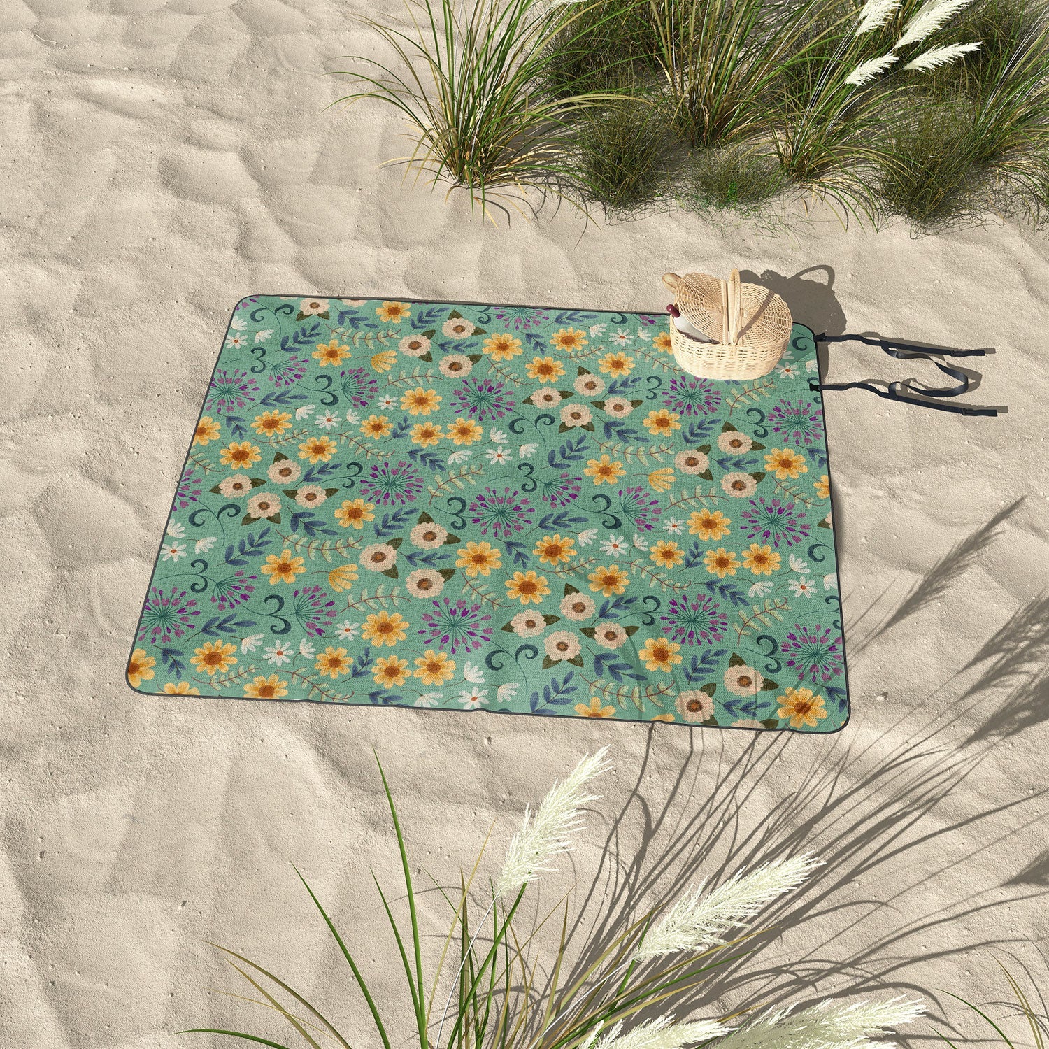 Pimlada Phuapradit Ditsy Floral Blue Green Picnic Blanket