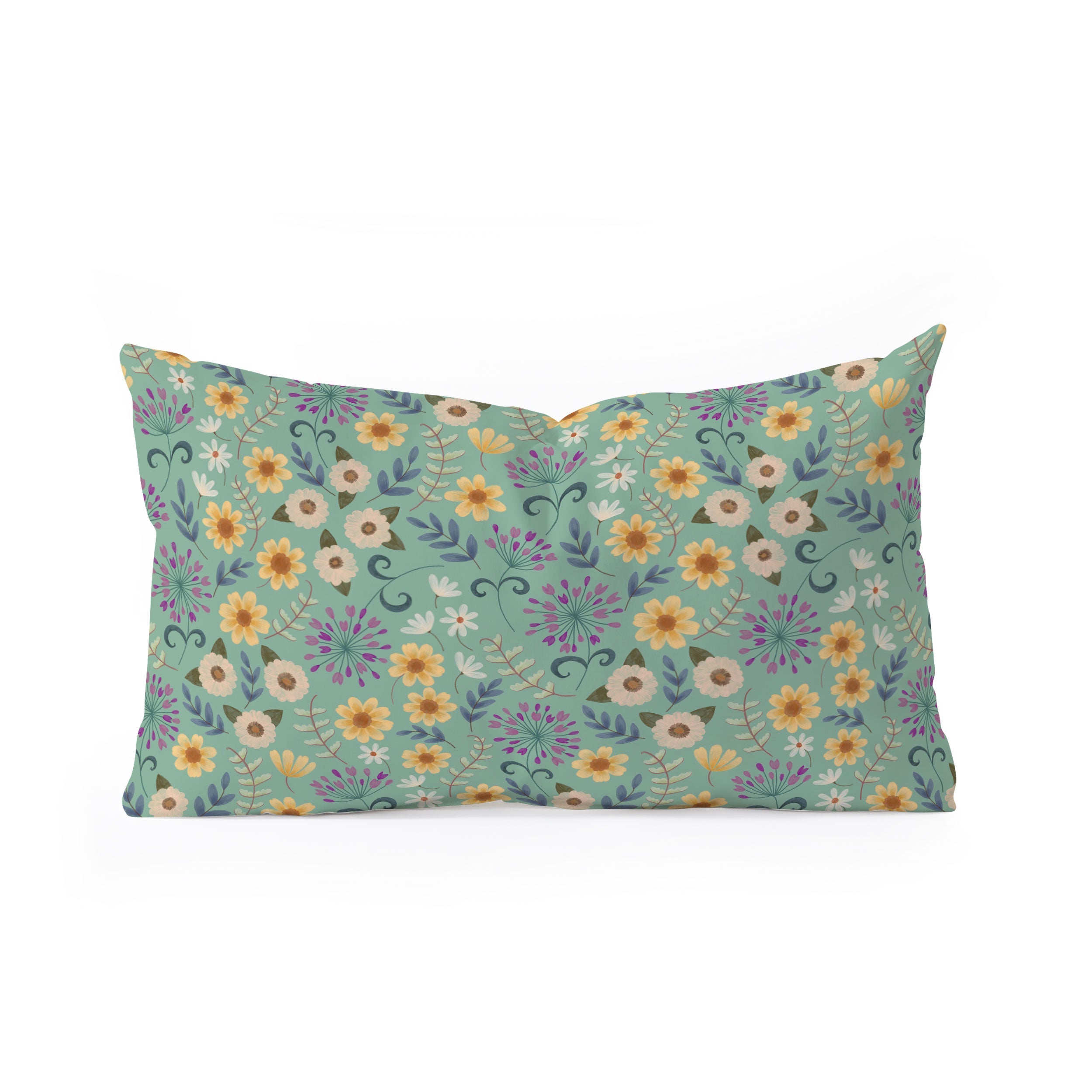 Pimlada Phuapradit Ditsy Floral Blue Green Oblong Throw Pillow