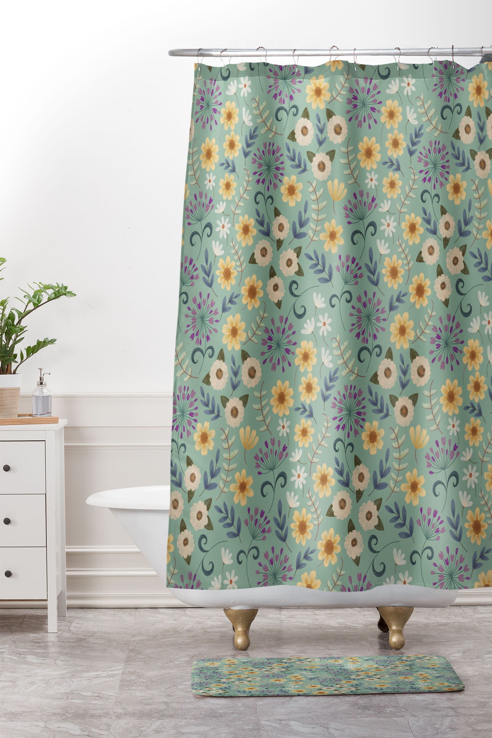 Pimlada Phuapradit Ditsy Floral Blue Green Shower Curtain And Mat