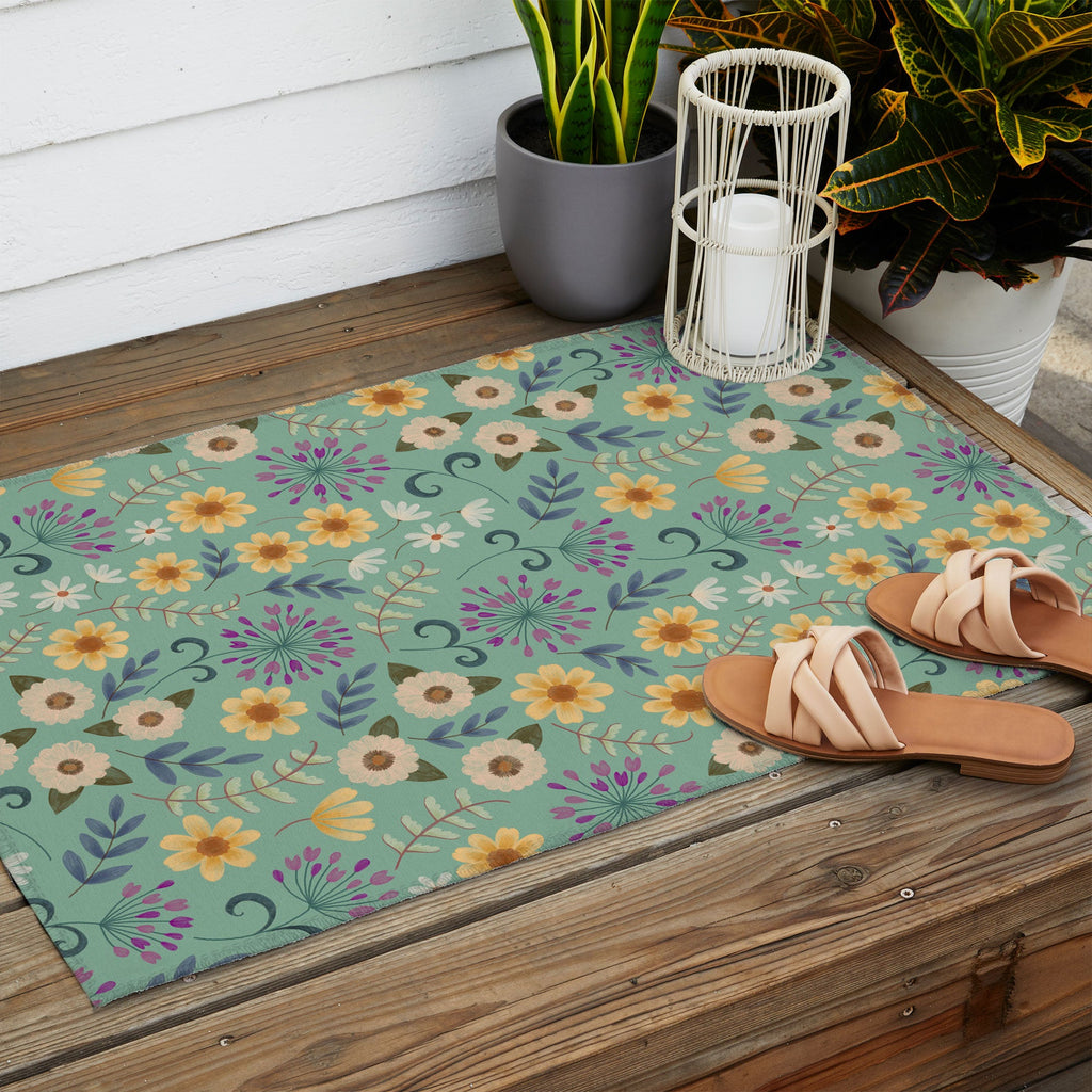 Pimlada Phuapradit Ditsy Floral Blue Green Outdoor Rug